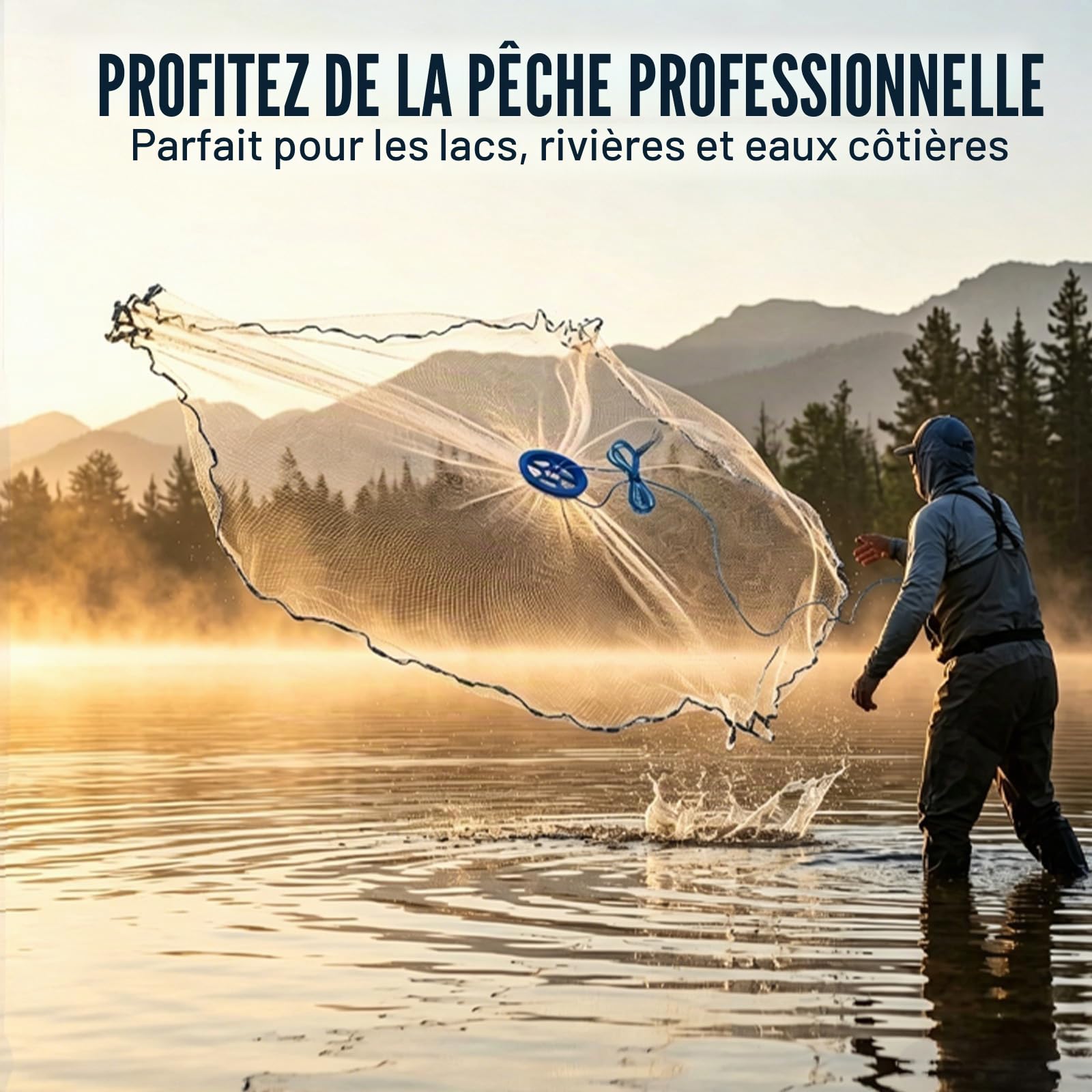 Filet à Lancer de 2,4 m de diamètre en Nylon monofilament avec Corde de 8 m | Filet maillé de 0,5 doigt, épervier pour lancer à la main, adapté à la pêche en rivière, au lac ou en bord de mer