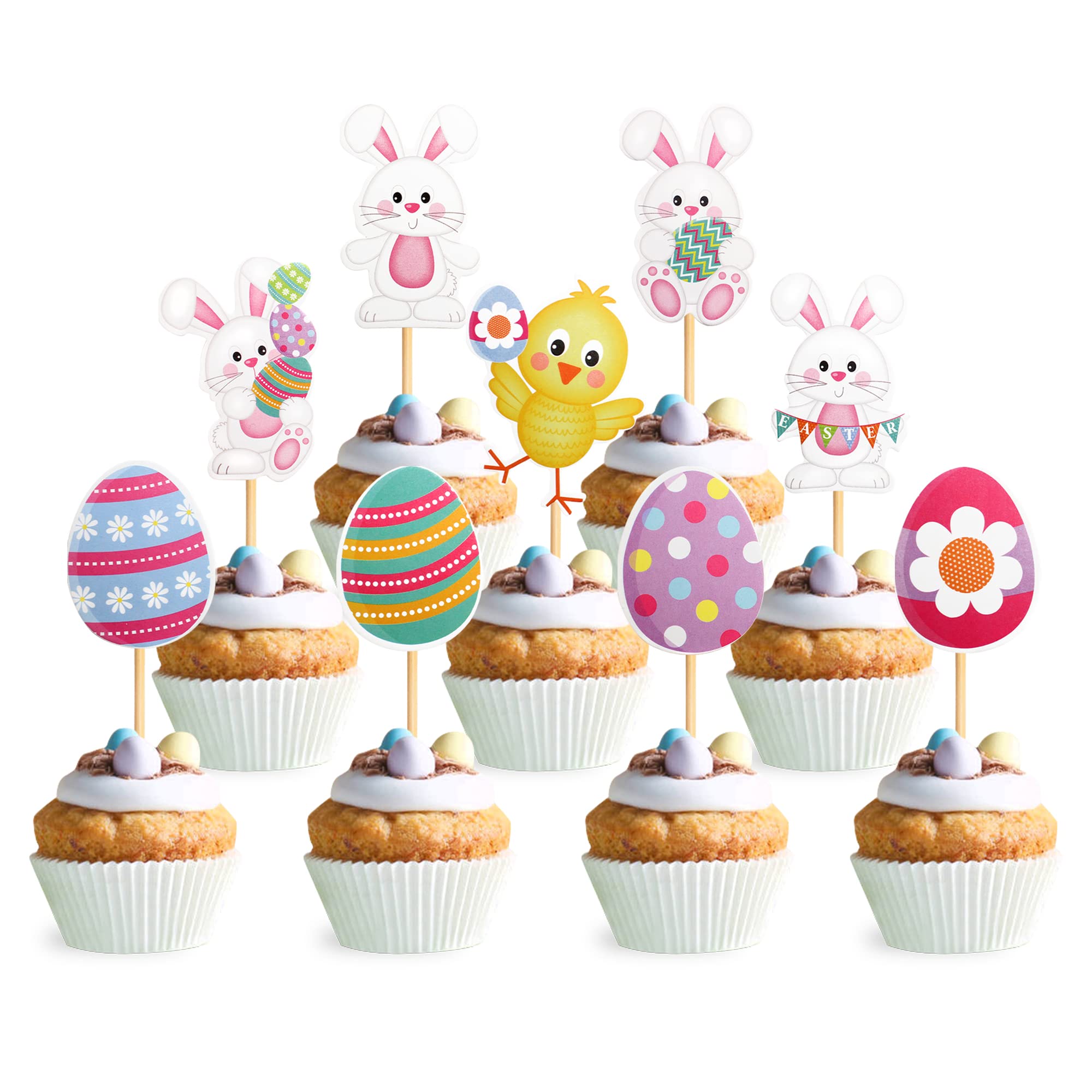 Blumomon 36Pcs Happy Easter Cupcakes Toppers Glitter Easter Bunny Egg Cupcake Picks Chick Cake Toppers for Easter Party Cake Decorations Party Supplies, Multicolour