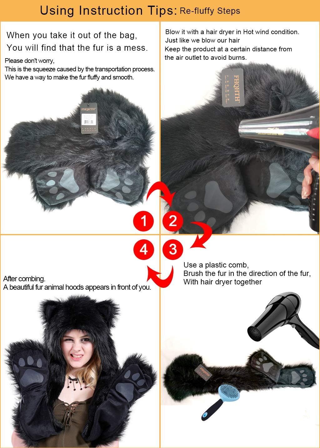 FHQHTH Faux Fur Animal Hood 3 in 1 Scarf Gloves Hat with Paws and Ears for Women Furry Wolf Cosplay Costume