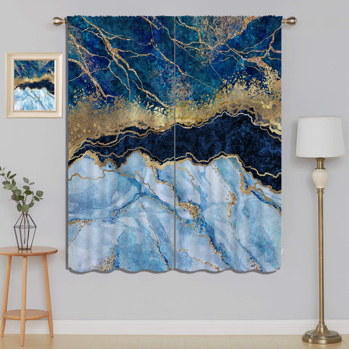 Blue Marble Blackout Curtains for Boy Girl Bedroom Living Room Darkening Decor, Abstract Art Gold Foil and Glitter Texture Home Rod Pocket Thermal
