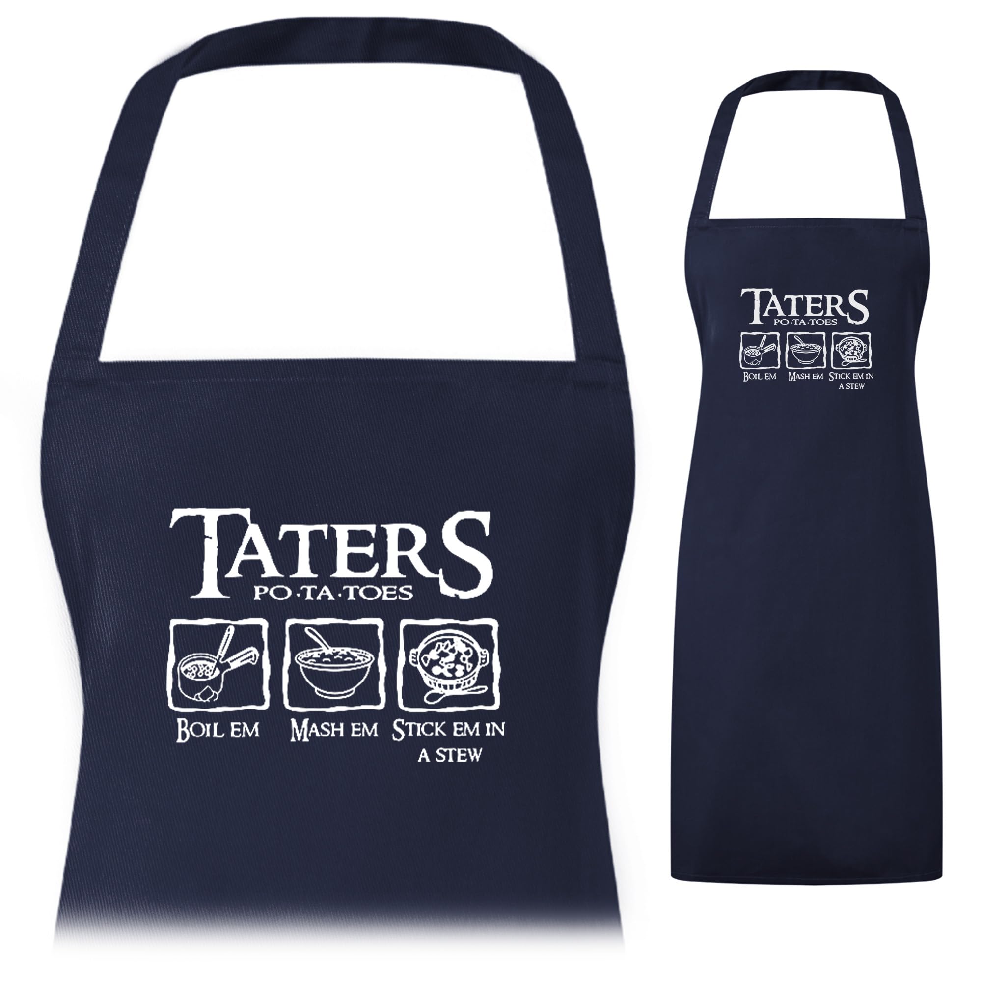 A1 Graphics Ltd Navy Taters Boil Em Mash Em Stew Em Printed Apron Baking Funny Cooking Chef Several Colours Available (Navy)