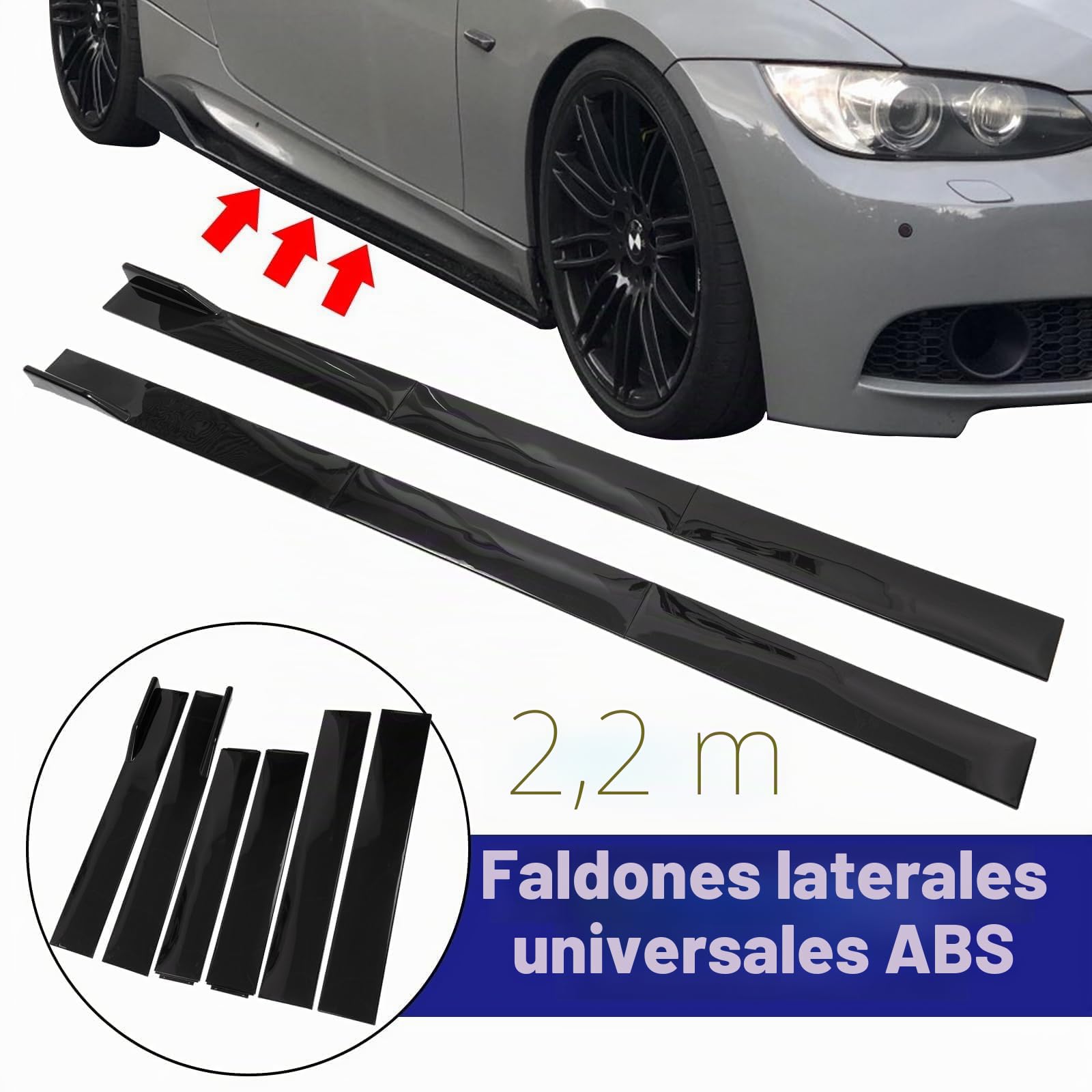 AUTOXBERT 2.2m Faldas Laterales Universales de Coche de Extensión de Panel de Balancín de Labio de Divisor Negro Brillante, Extensión de Faldas Laterales Universales de Panel de Balancín