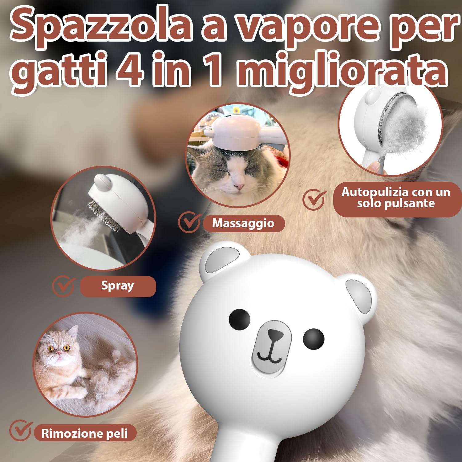 Spazzola a Vapore per Gatti con 2 Livelli di Spruzzo e Pulsante di Rilascio, 4 in 1 Impermeabile IPX7 Spazzola Animali per la Toelettatura per la Muta, Pettine per Gatti e Cani a Pelo Lungo e Corto