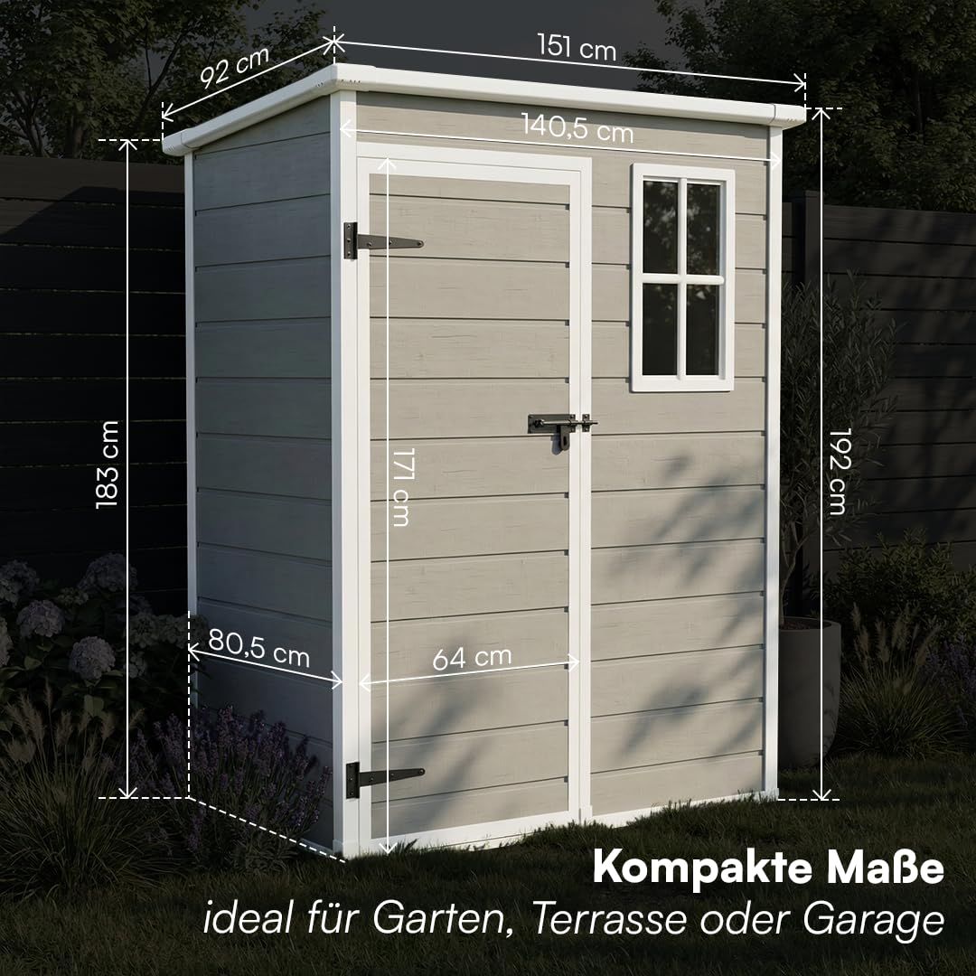 STEELSØN Novara Gerätehaus – Gartenschuppen mit Pultdach & Fenster – Gartenhaus 192x92x151 cm (HxTxB) – Geräteschuppen aus Kunststoff in Grau – Gartenhütte wetterfest & rostfrei – Schuppen