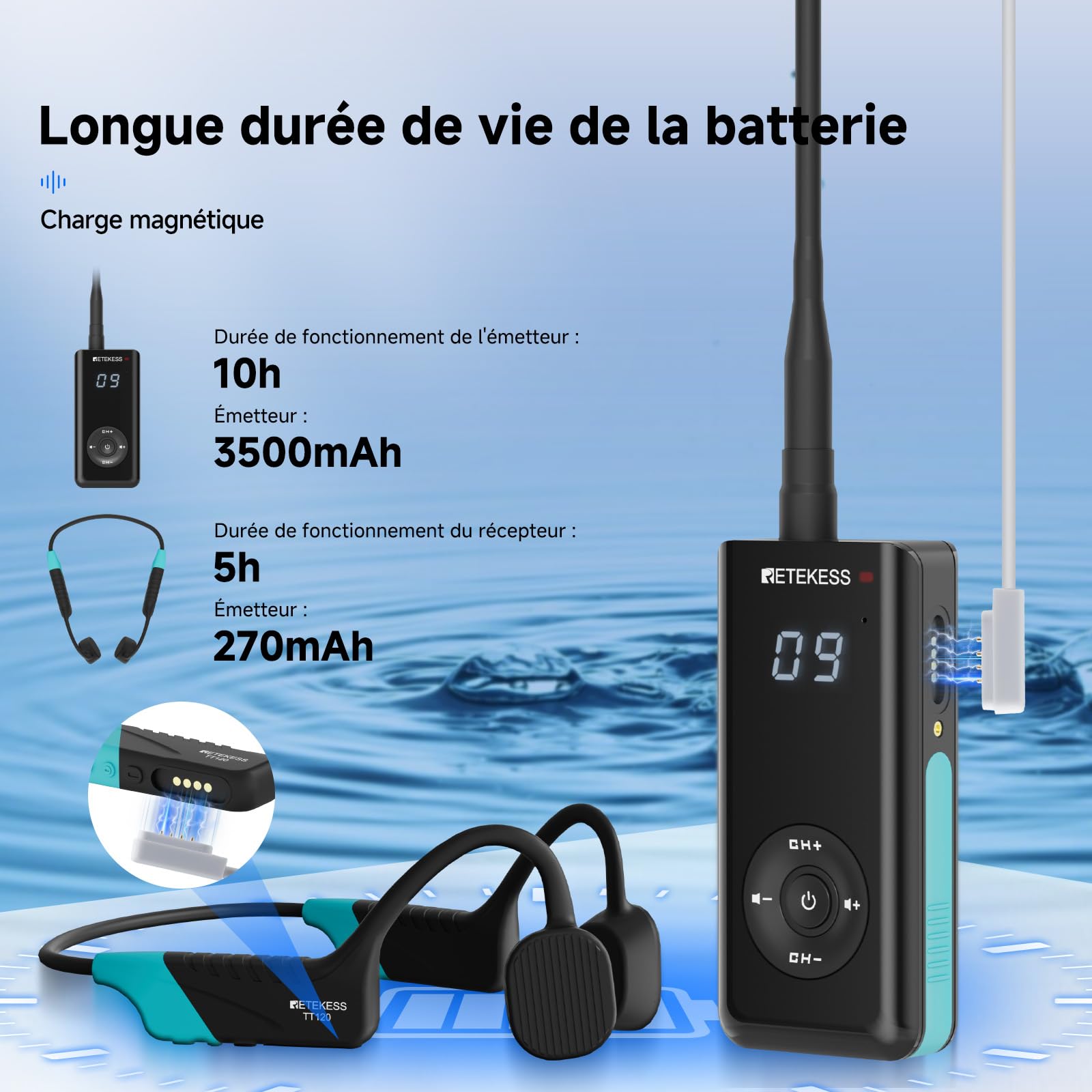 Retekess TT120 Comunicador Submarino,Auriculares de Natación de Conducción Ósea,IP68 Resistente Agua,Sistema de Comunicaciones para Entrenamiento Club de Natación,Coaching (1 Transmisor 2 Receptores)