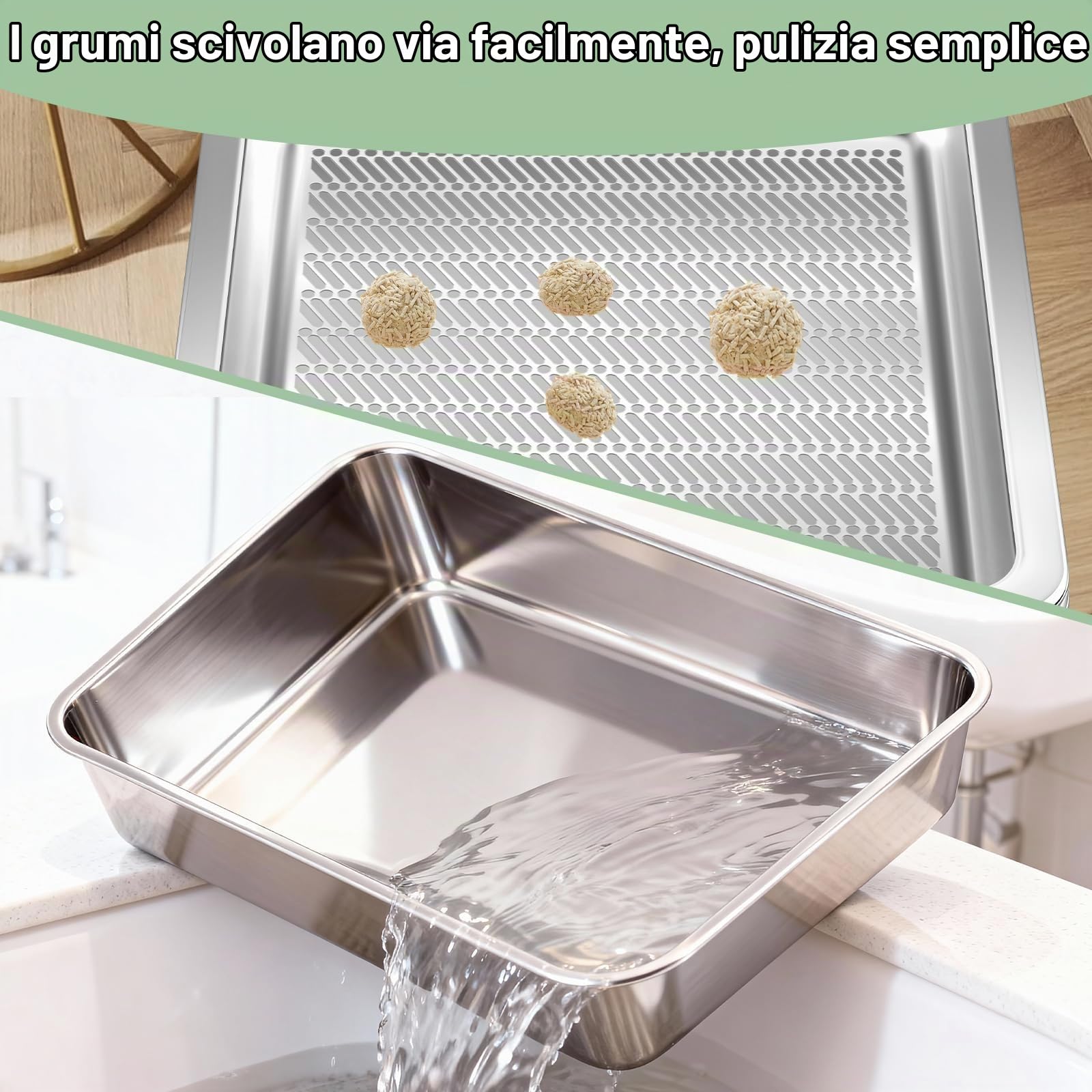 Lettiera setacciata in acciaio inossidabile per lettiera di argilla agglomerante, grande lettiera in metallo con manici, facile da pulire, 45 cm di lunghezza x 35 cm di larghezza x 15 cm di