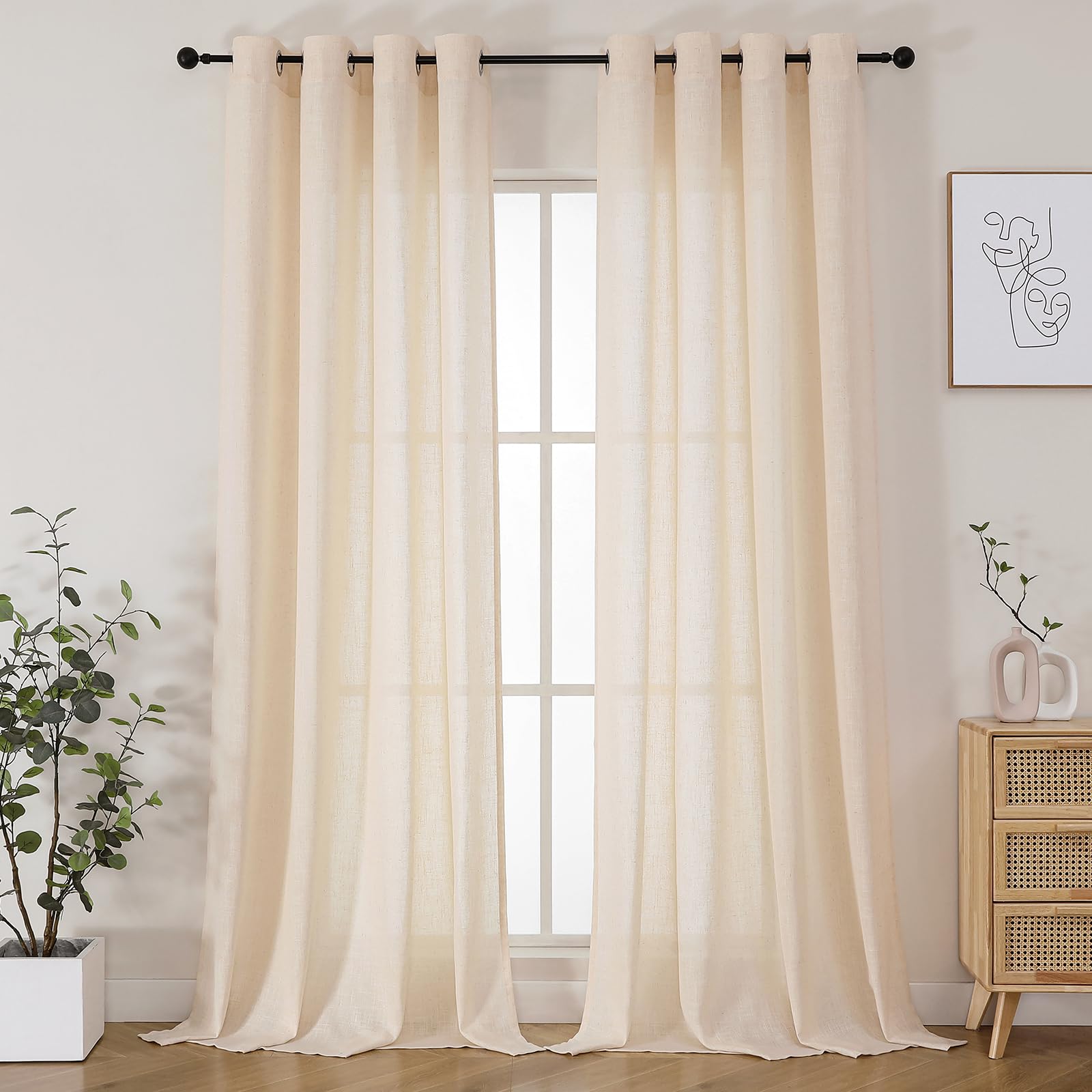 Joydeco Natural Beige Linen Voile Curtains 102 Inch Drop 2 Panels, Soft Drapy Linen Textured Eyelet Semi Sheer Window Treatment Curtains for Room Decoration Light Filtering, W55 x L102 Inch