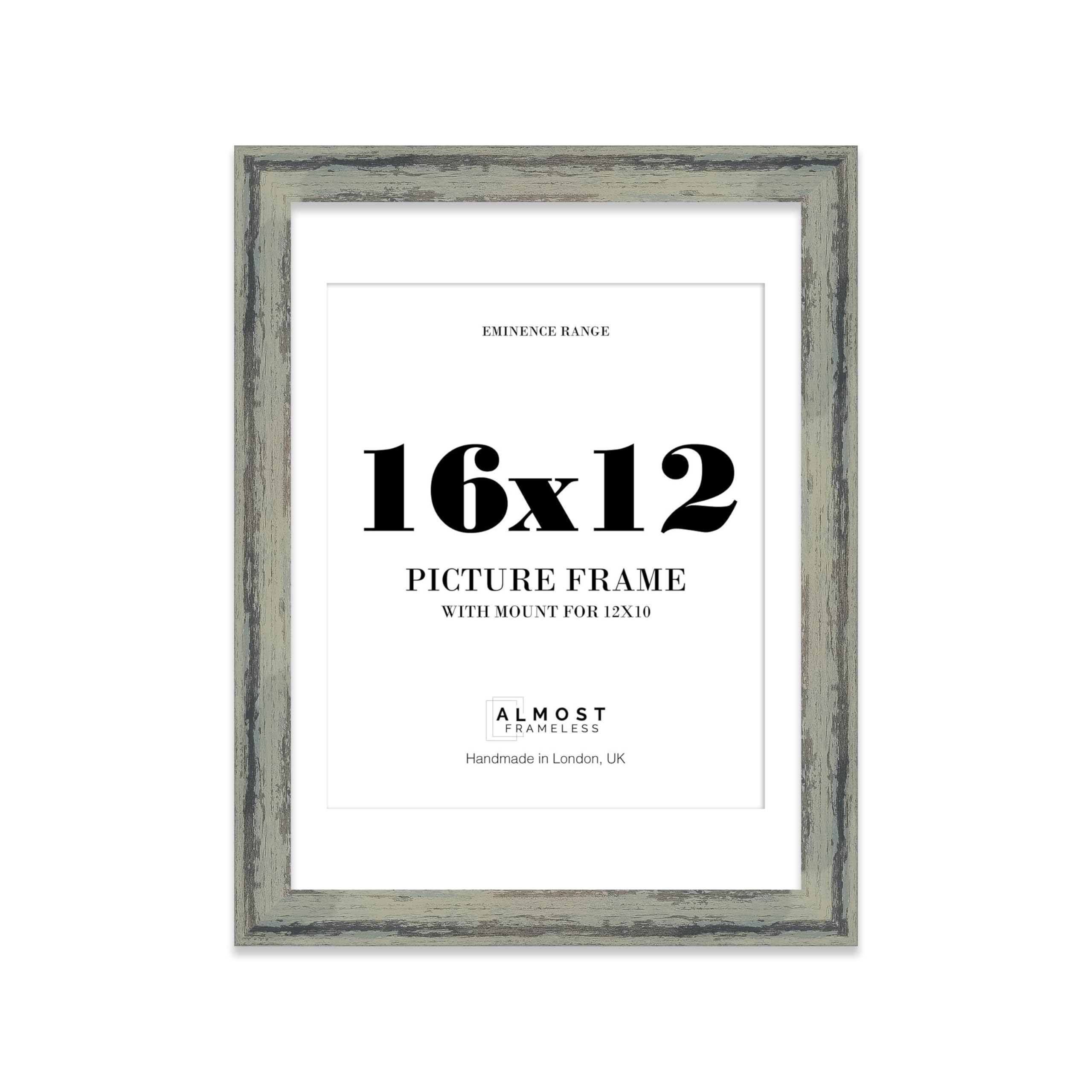 16x12" Distressed Green Picture Frame with 12x10" Mount - Reclaimed Wood Style Photo Frame with Distressed Finish, Wall Hooks, 32mm Edge - 1 Pack