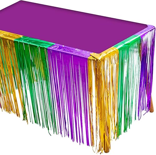 Miniatura 9 de JOYIN 5 piezas de decoración de fiesta de Mardi Gras con 1 cortina de flecos, 3 faldas de mesa y 1 paquete de guirnalda, suministros de fiesta de