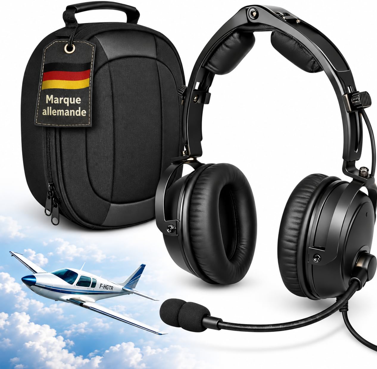 ANR Aviation Casque avec Bluetooth - Réduction active du bruit - Casque pilote pour avion et simulateur - Casque antibruit avec microphone, entrée AUX - Coussinets confortables