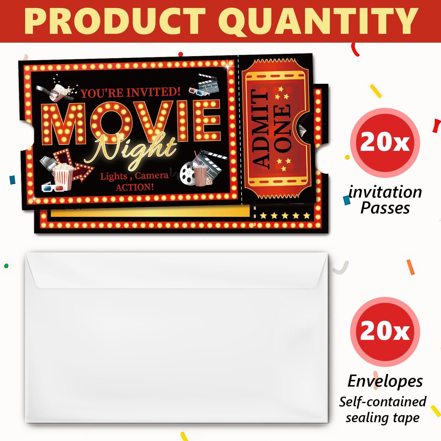 VIP Movie Tickets Style Birthday Invitations, Movie Night Birthday Tickets for Adults Boys Girls, Party Supplies & Decoration, 20 Pack with Envelopes, Double Sided
