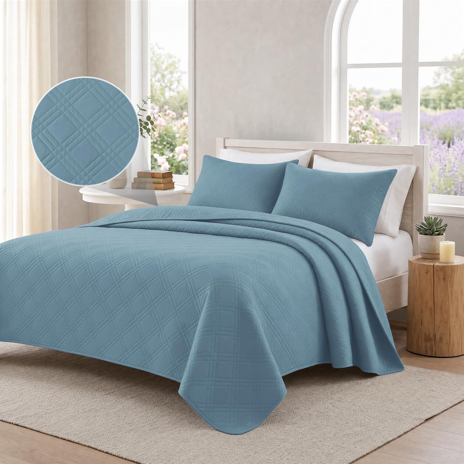 Gesteppt Tagesdecke 220x260cm, Steppdecke Doppelseitiges Design, Tagesdecke Knitterarme Und Atmungsaktive, Mikrofaser Bettdecke Mit Prägemuster, Weich, Hellblau