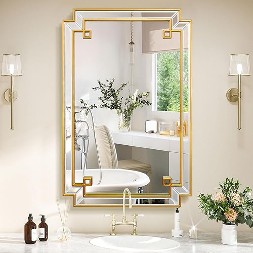 Jesantab Espejo de pared de 24 x 36 pulgadas para baño, espejo rectangular dorado con marco de madera, espejo de pared decorativo moderno para sala