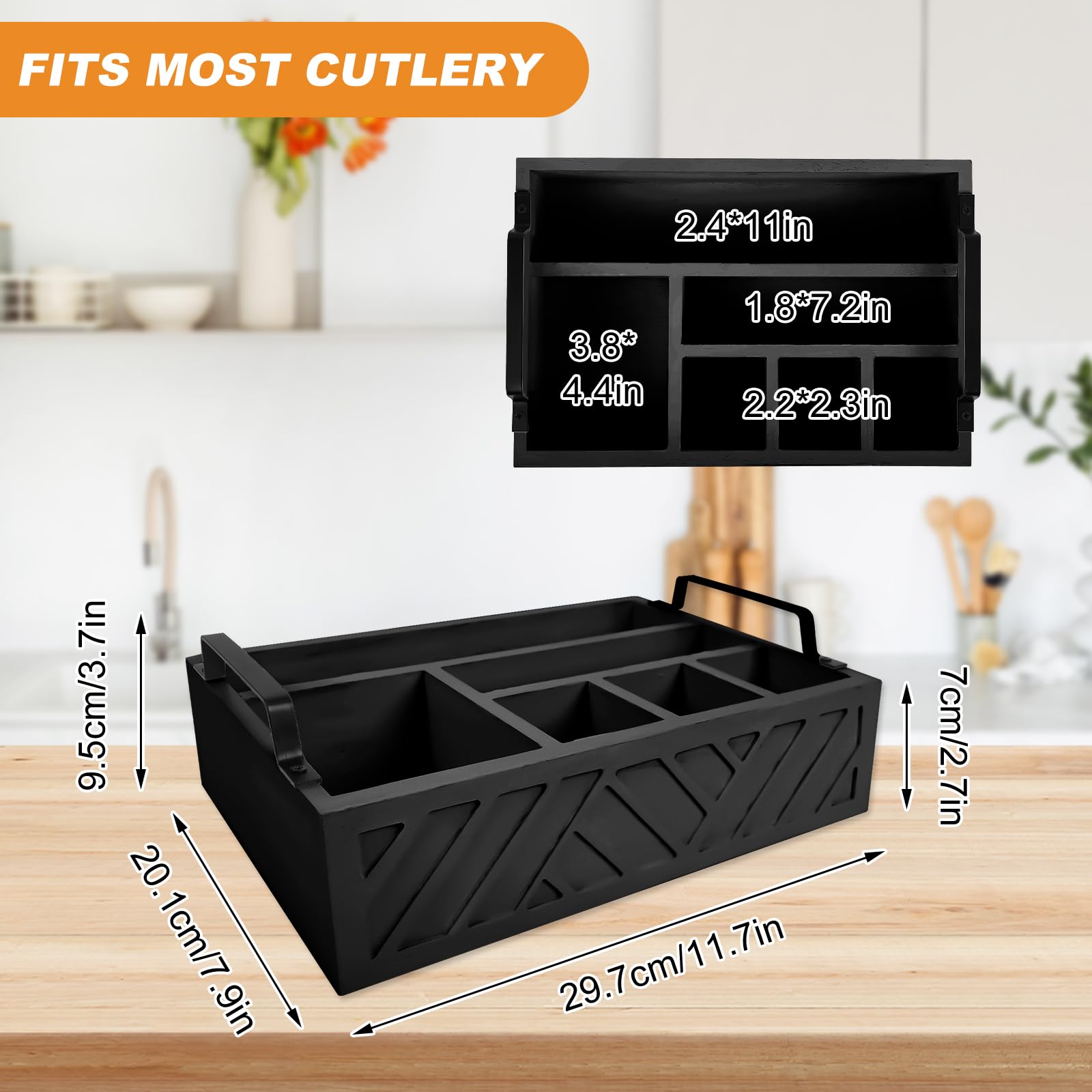 Caddy - Set di 6 scomparti per banconi in legno, 29,7 x 20,1 x 9,5 cm, multifunzione, per piatti di carta, organizer rustico, accessorio per il bar, porta utensili caddy (nero)