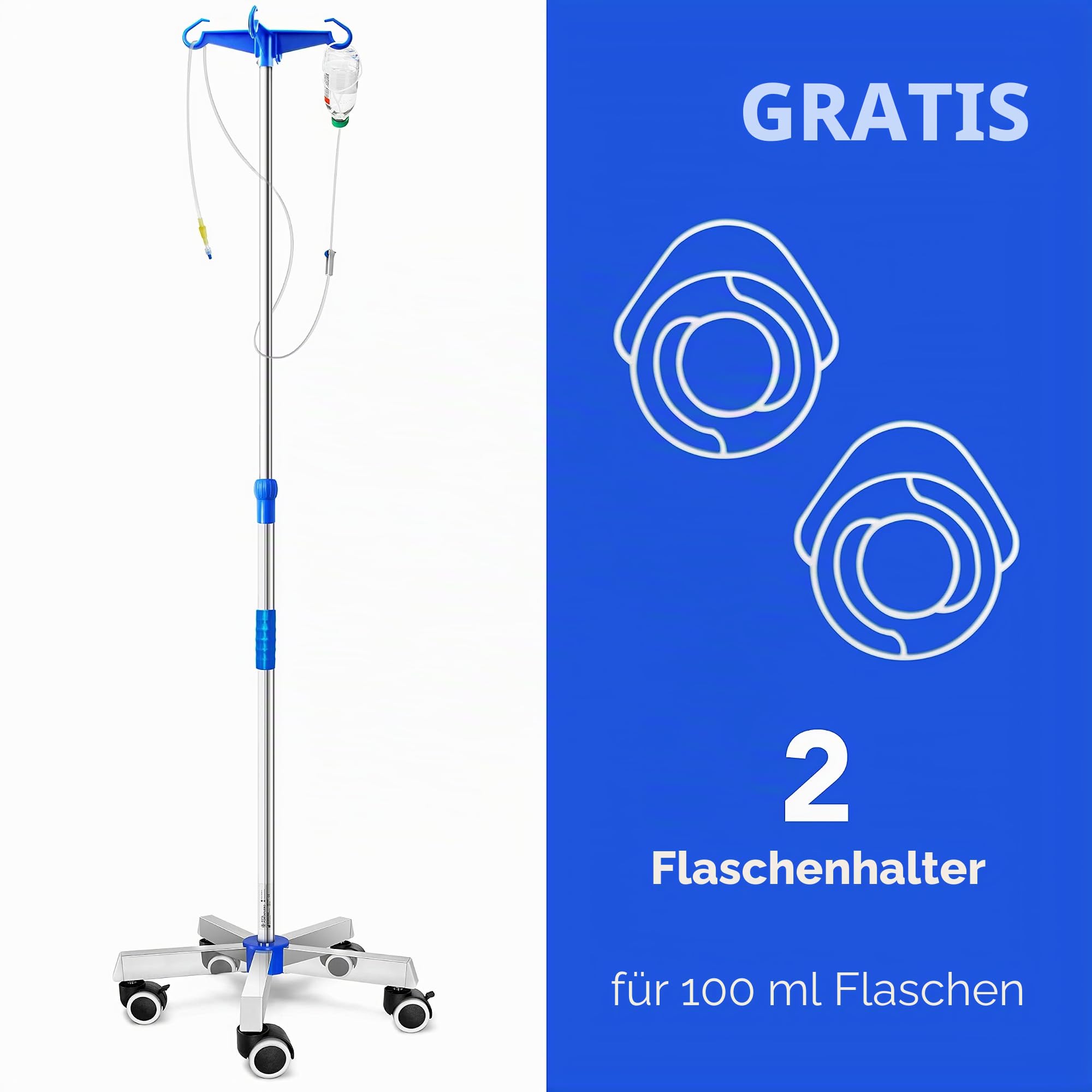 AIESI® Infusionsständer aus EDELSTAHL mit 4 Kunststoffhaken und drehbaren Rädern mit Bremse, Gratis 2 Flaschenhalter 100 ml, Garantie 24 monate