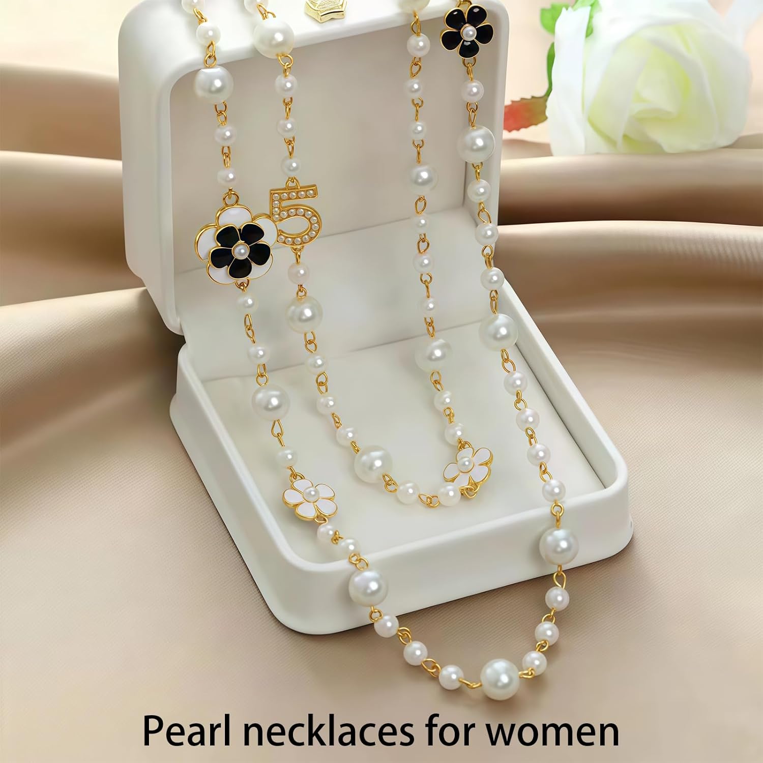 Designer Imitation Pearl Necklace and Pearl Black Camellia Stud Earrings,Number 5 Long Necklace, Fashionable Camellia Stud Earrings, Charming Pearl Sweater Chain for Women, Ideal for Birthdays - Image 4