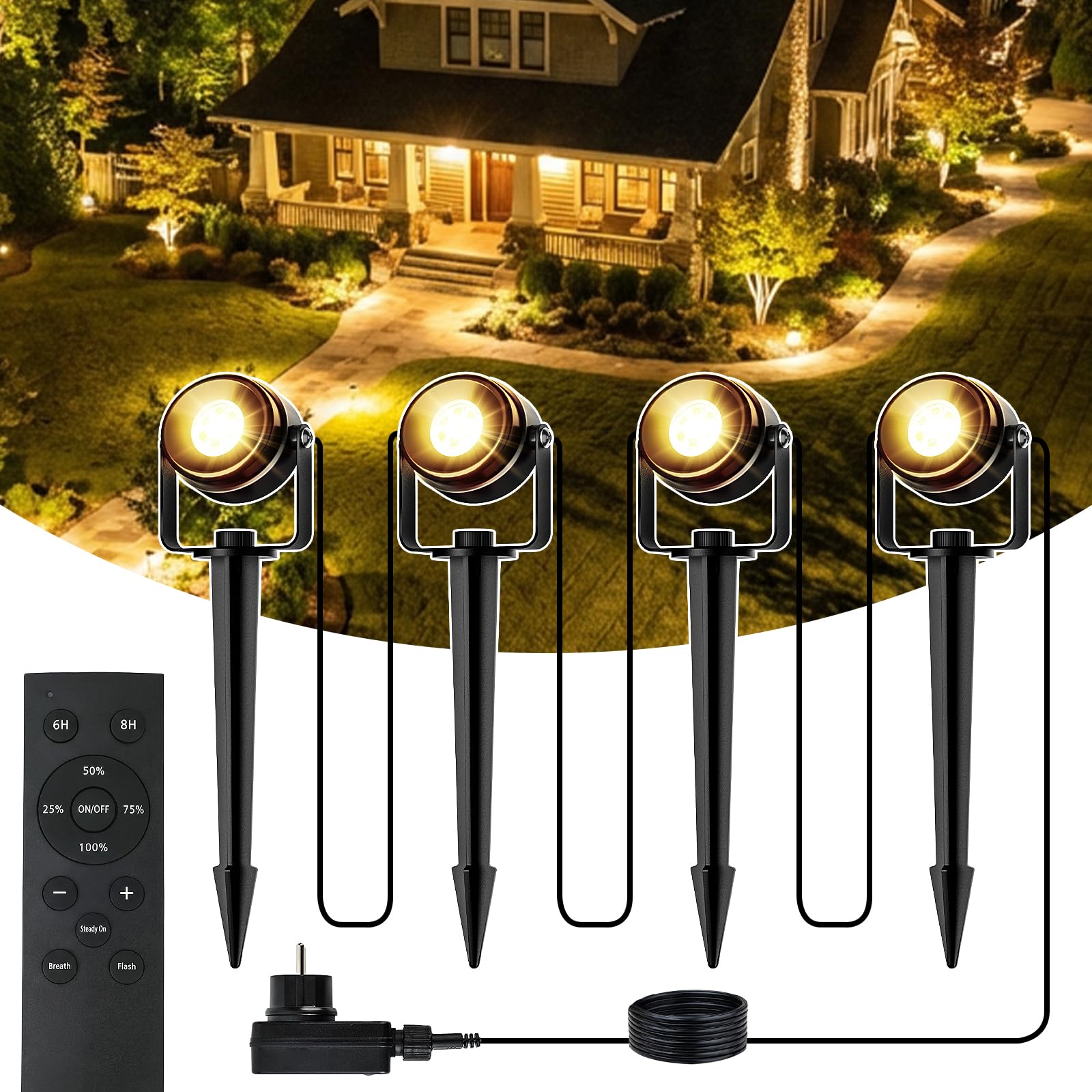 MAGGIFT Gartenbeleuchtung LED, 17 m 24 V Dimmbarer LED-Strahler mit Fernbedienung/Timer/3 Lichtmodi, IP67 Wasserdichter Gartenstrahler, Gartenleuchten mit Adapter, Gartenlampen für Außen, Garten, Hof