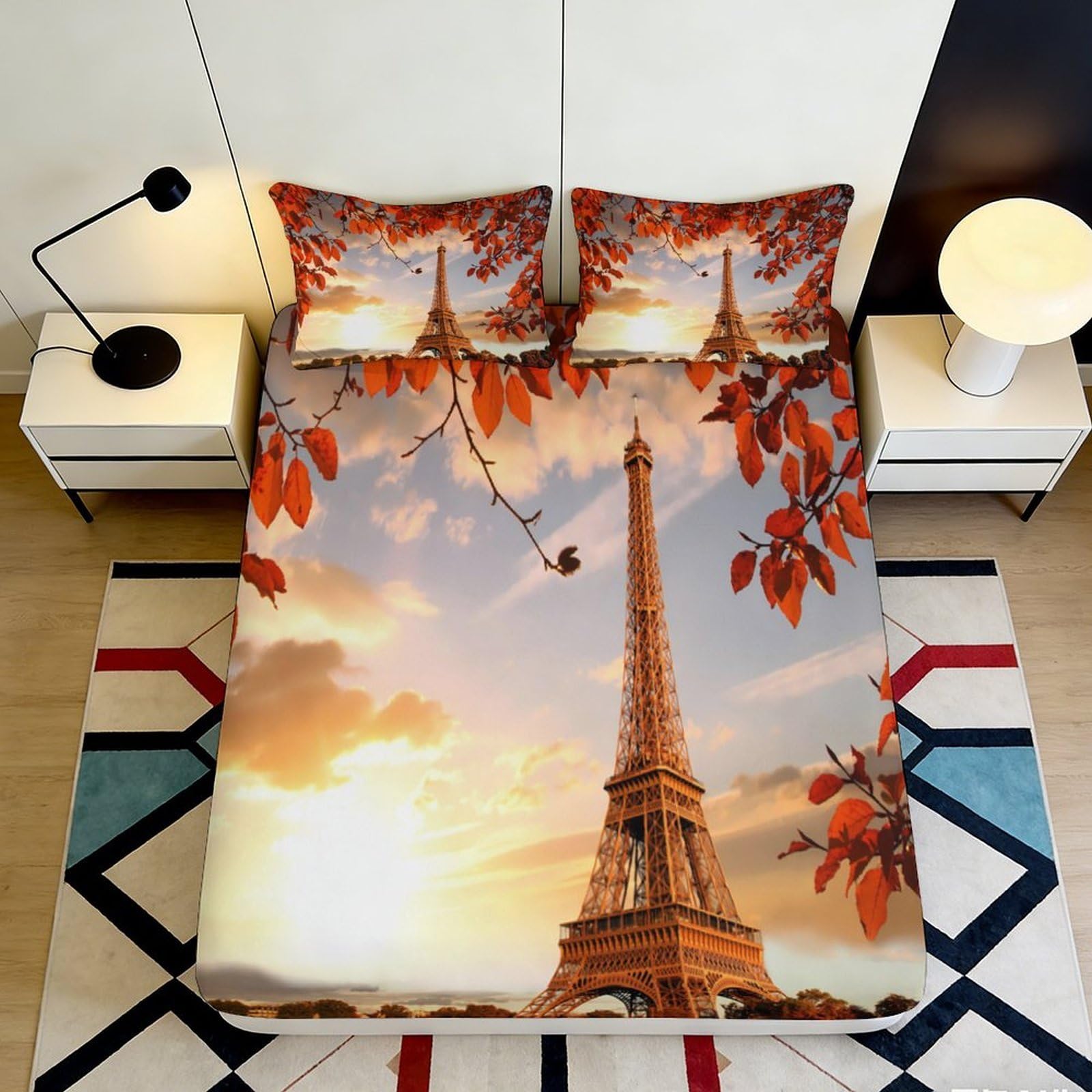 3D Printed Eiffel Tower Autumn Leaves Fitted Sheet Microfiber Soft Breathable Sunset Sky Bed Cover for Bedroom Dormitory Guest Room Mattress Protection 160x200x25cm