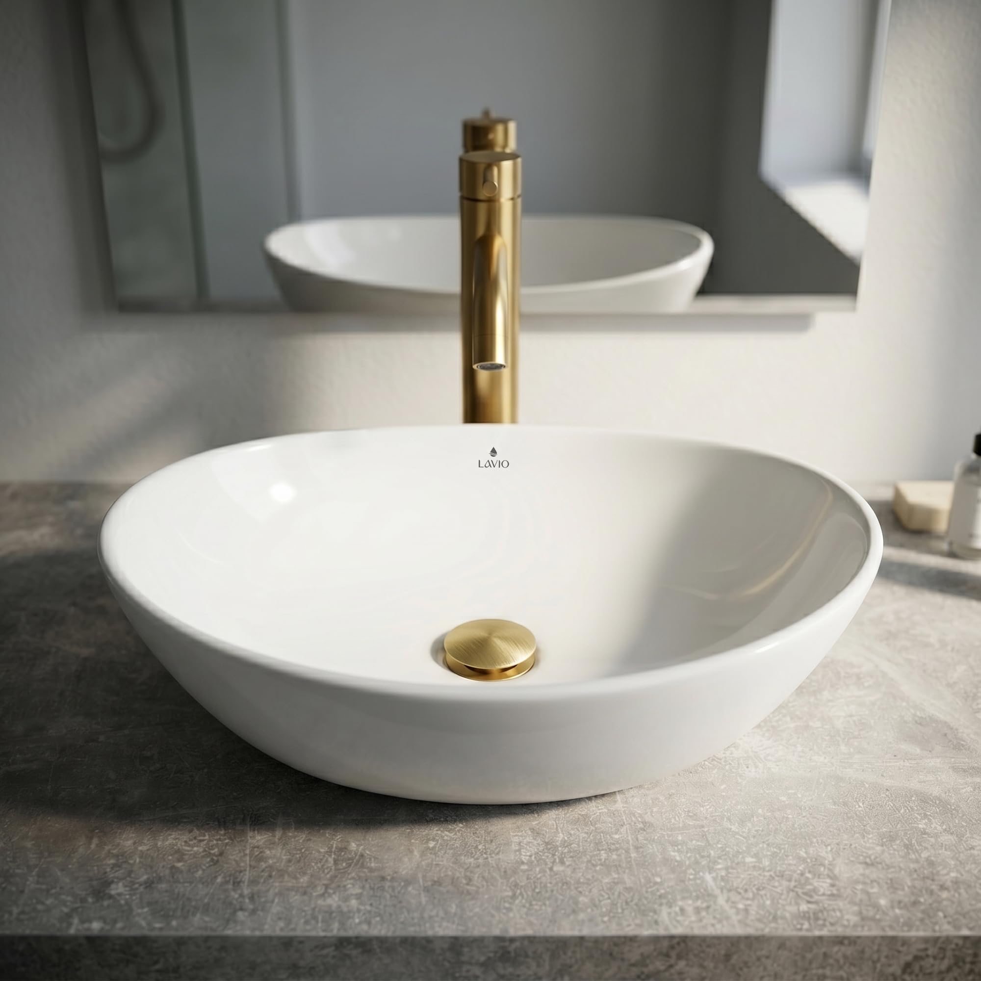 AKORD Lavabo sobre Encimera Ovalado OVALIS de Cerámica para Baño y Aseo, 41 x 33 x 14,5 cm, Blanco brillante
