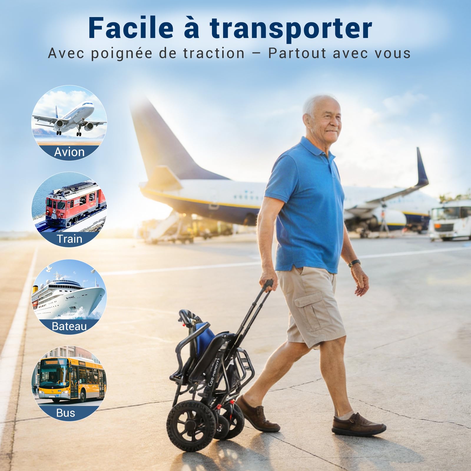 Care Parents Fauteuil Roulant de transfert Pliable(10kg),42cm Siège,Aluminium,Chaise Roulante Voyage,Mode Valise,Accoudoirs Relevables,Assise Ergonomique,Coussins Amovibles,Jusqu'à 100kg(CP-0903)