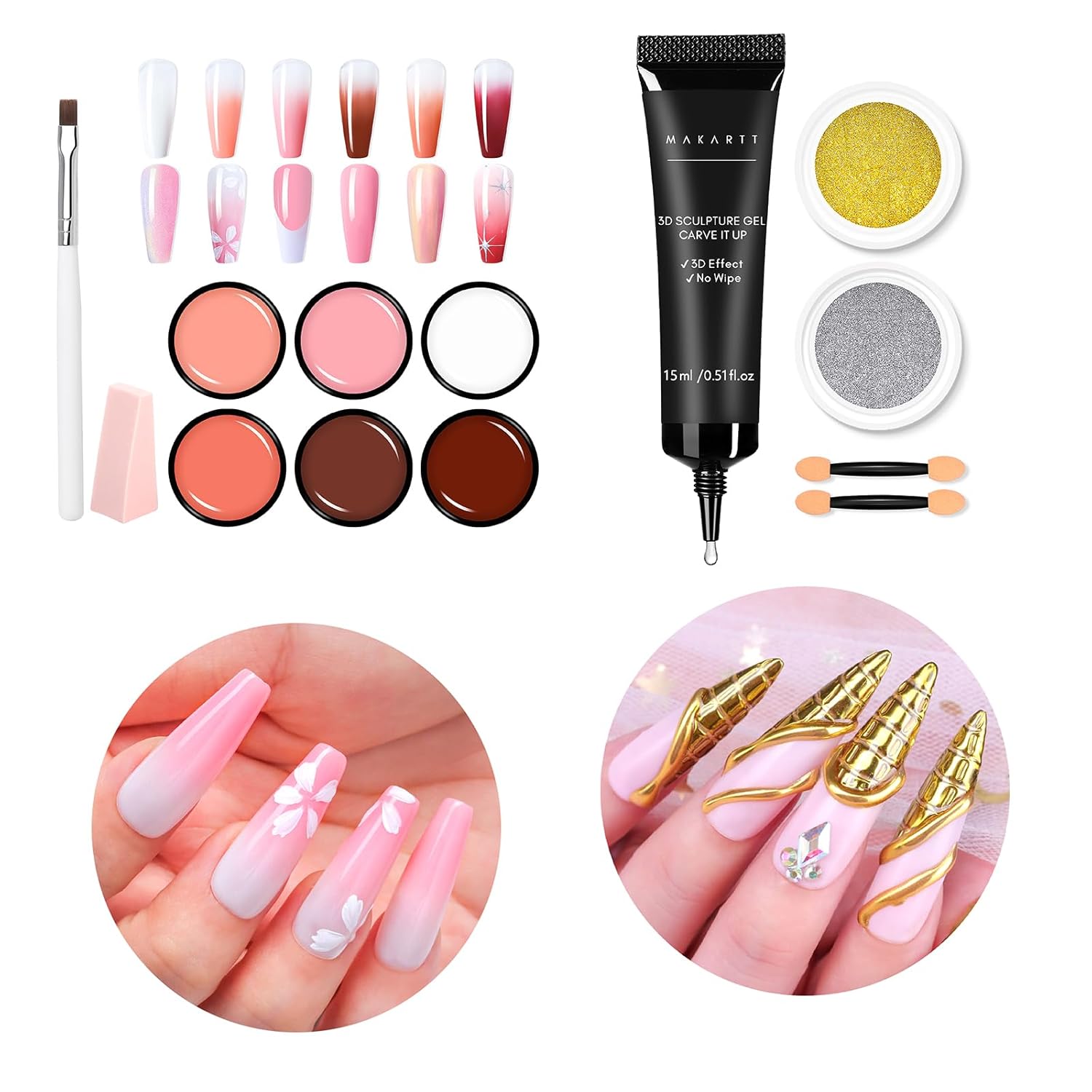 MMakartt 3D Nail Gel and Chrome Nail Powder Kit Bundle with Makartt Pat Ombre Gel 6 Nude Colors with Sponge & Nail Brush