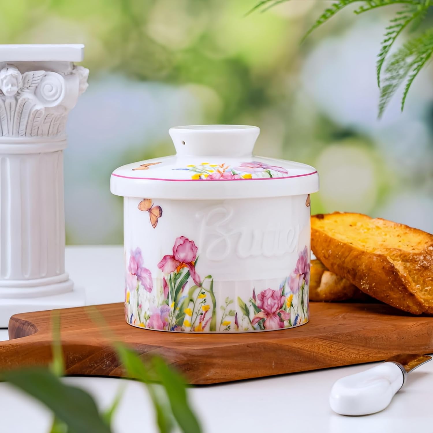 Butter Crock with Lid for countertop, Ceramic French Butter Dish with Water Seal, Floral Butter Keeper for Spreadable Butter, Butter Container Holder for Kitchen and Home Decor, Pink Floral