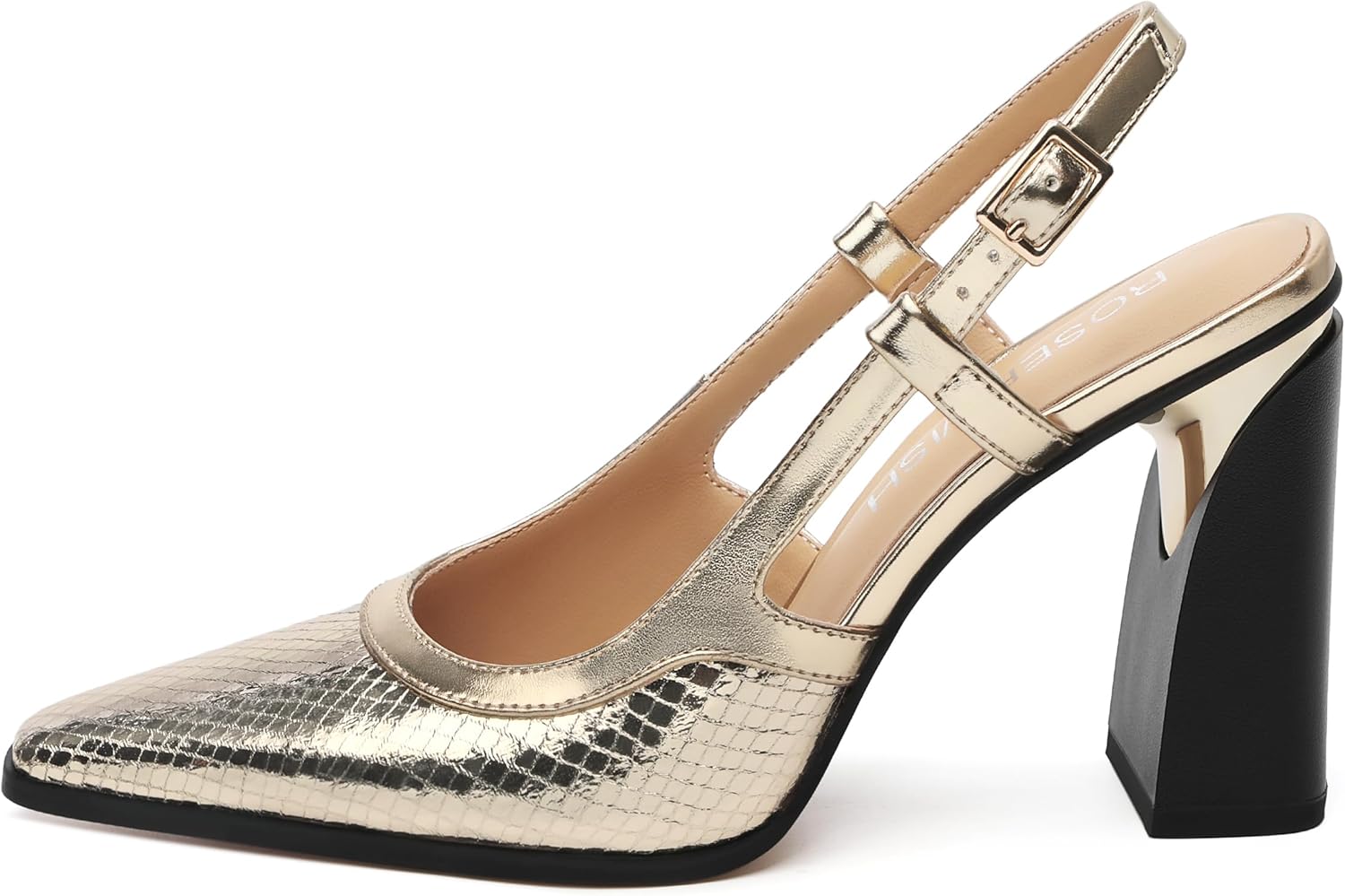 ROSERWISH Women's Slingback Pumps 3.5 Inch Block Heel - Gold Pointed Toe Party Wedding Shoes | Slip-On Comfortable Dress Heels for Prom, Events, Classic High Heels for Women