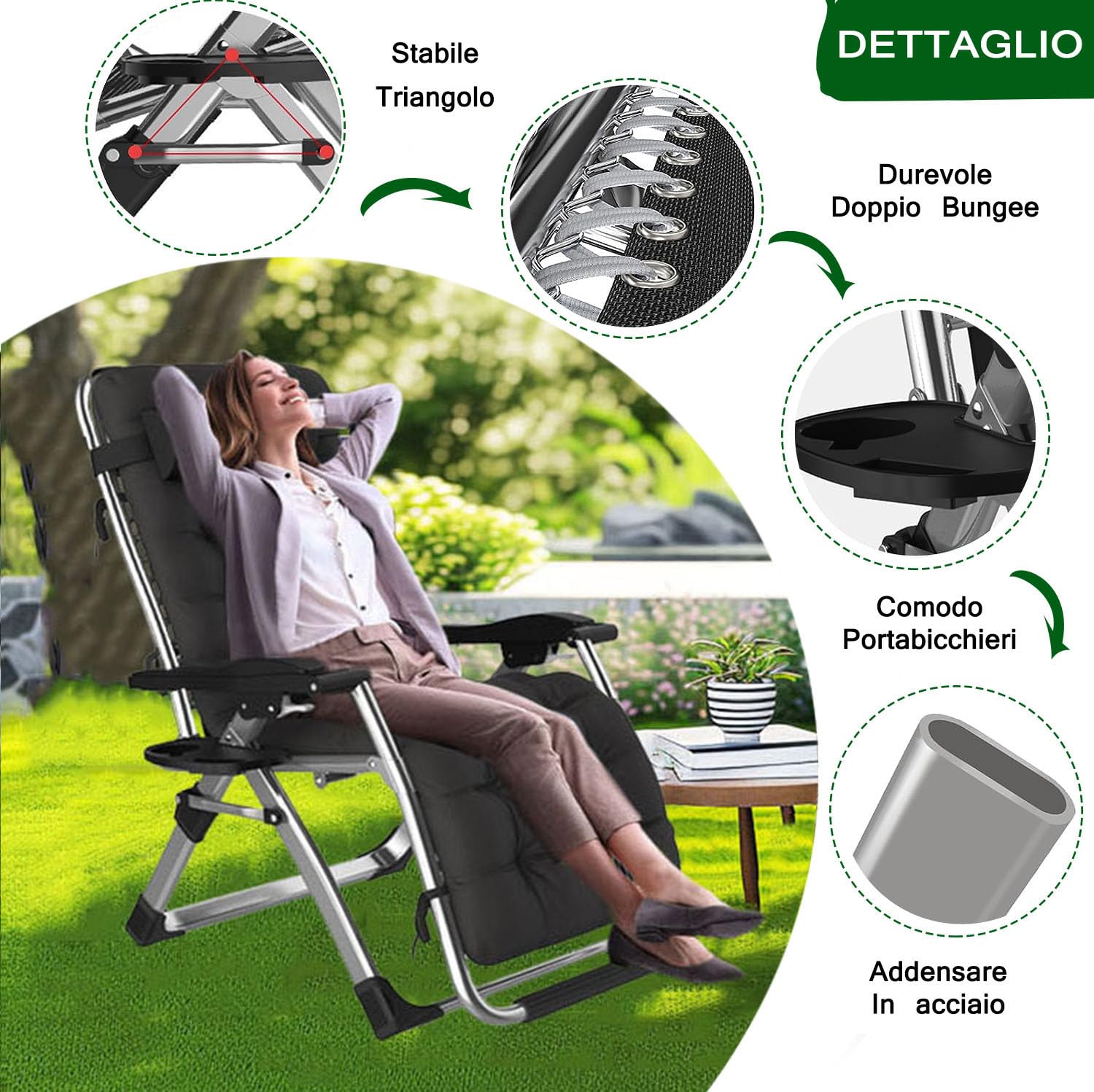 Sdraio da Giardino, Sedia Sdraio da Esterno Interno Lettini Pieghevole Sdraio Gravita Zero con Portabicchieri per Patio, Terrazzo, Spiaggia, Piscina (A-Cuscino nero, Set di 1)