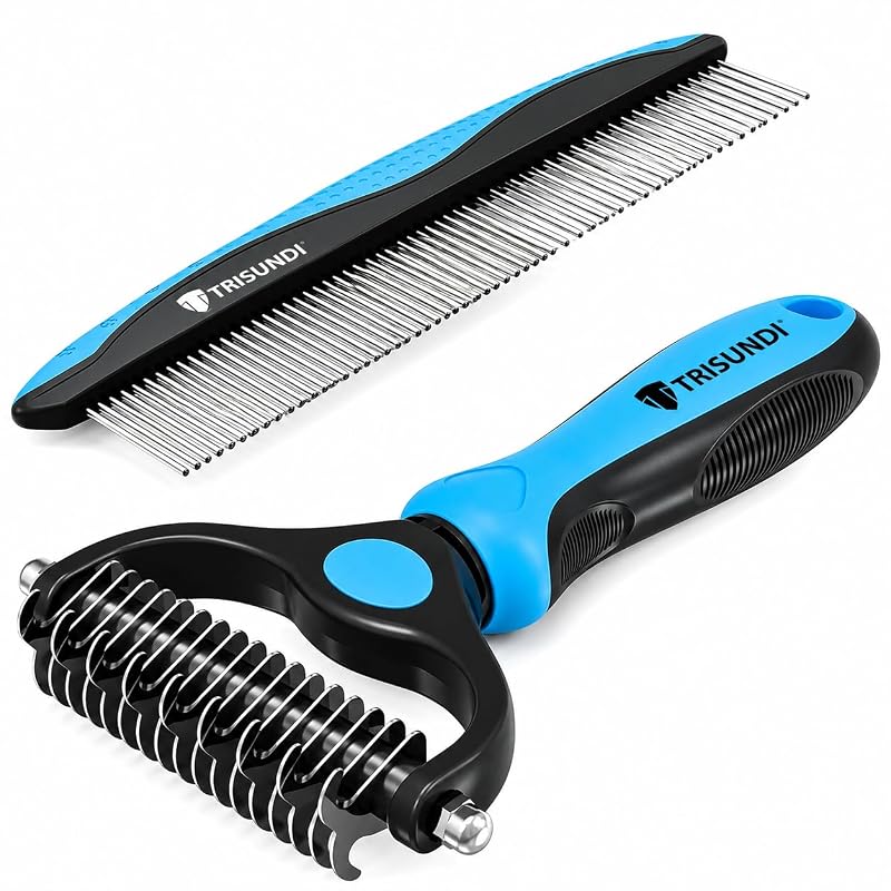 Kit de Escova Removedora de Pelos e Pente de Aço Inoxidável Trisundi para Cães e Gatos, Azul, 2 Peças