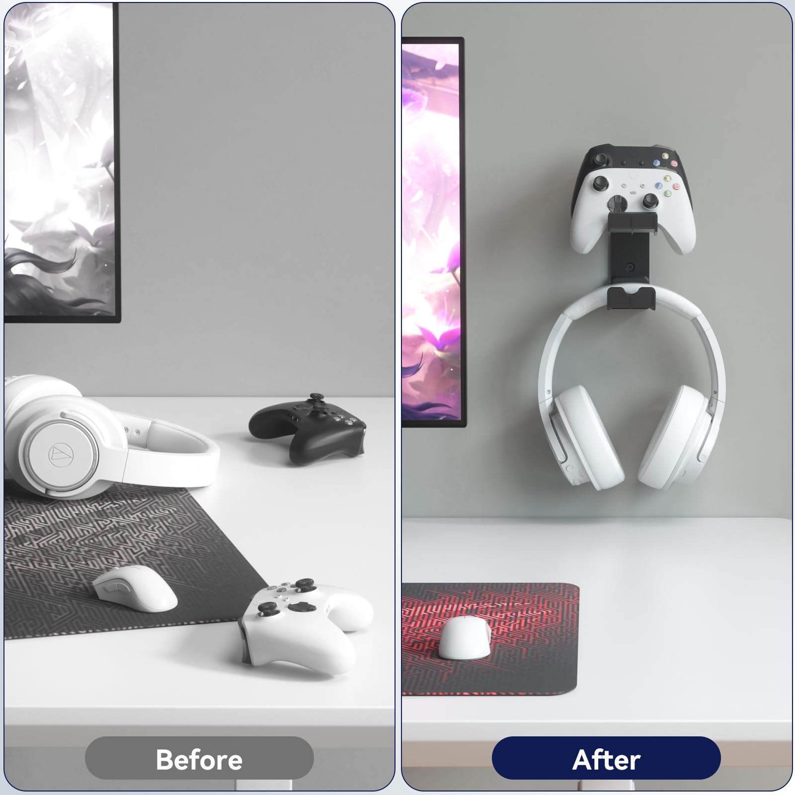 KDD Dos Soporte Mando Gamepad, Universal Soporte Auriculares Pared & Gancho Controlador de Pared, Instalación Adhesiva o con Tornillos para Cascos Xbox PS5/4/3 Switch STEAM Juegos Accesorios Gaming PC