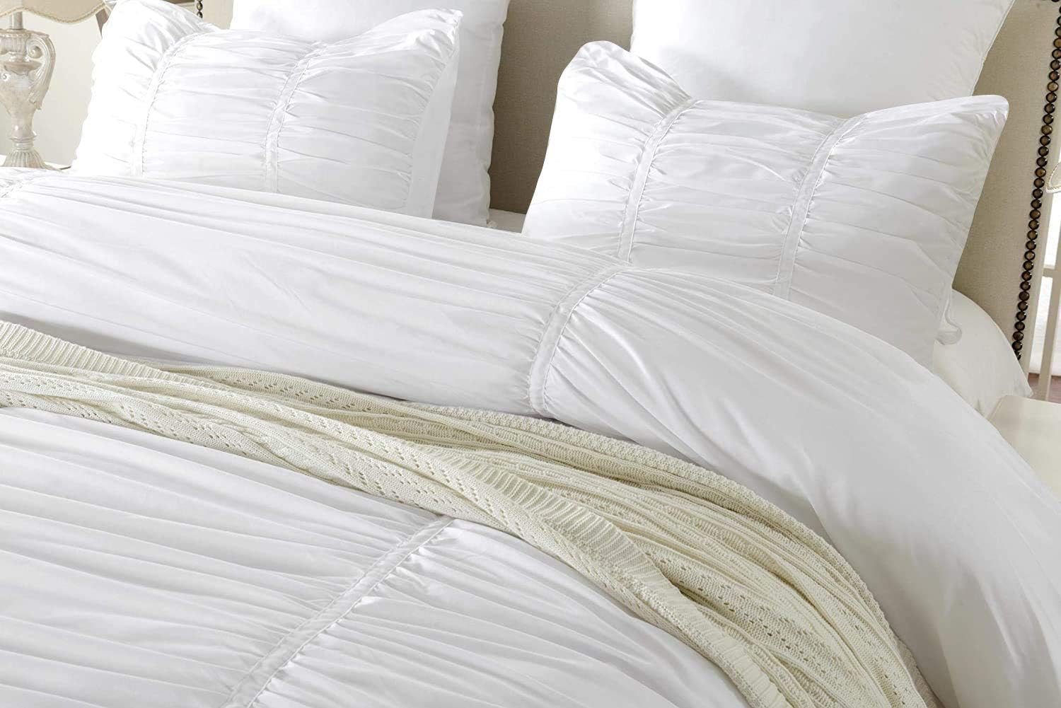 Ruched Pattern Duvet Cover with Zipper & Corner Ties 100% Egyptian Cotton 800 Thread Count Premium Hotel Quality Decorative Bedding (Full/Queen, White)