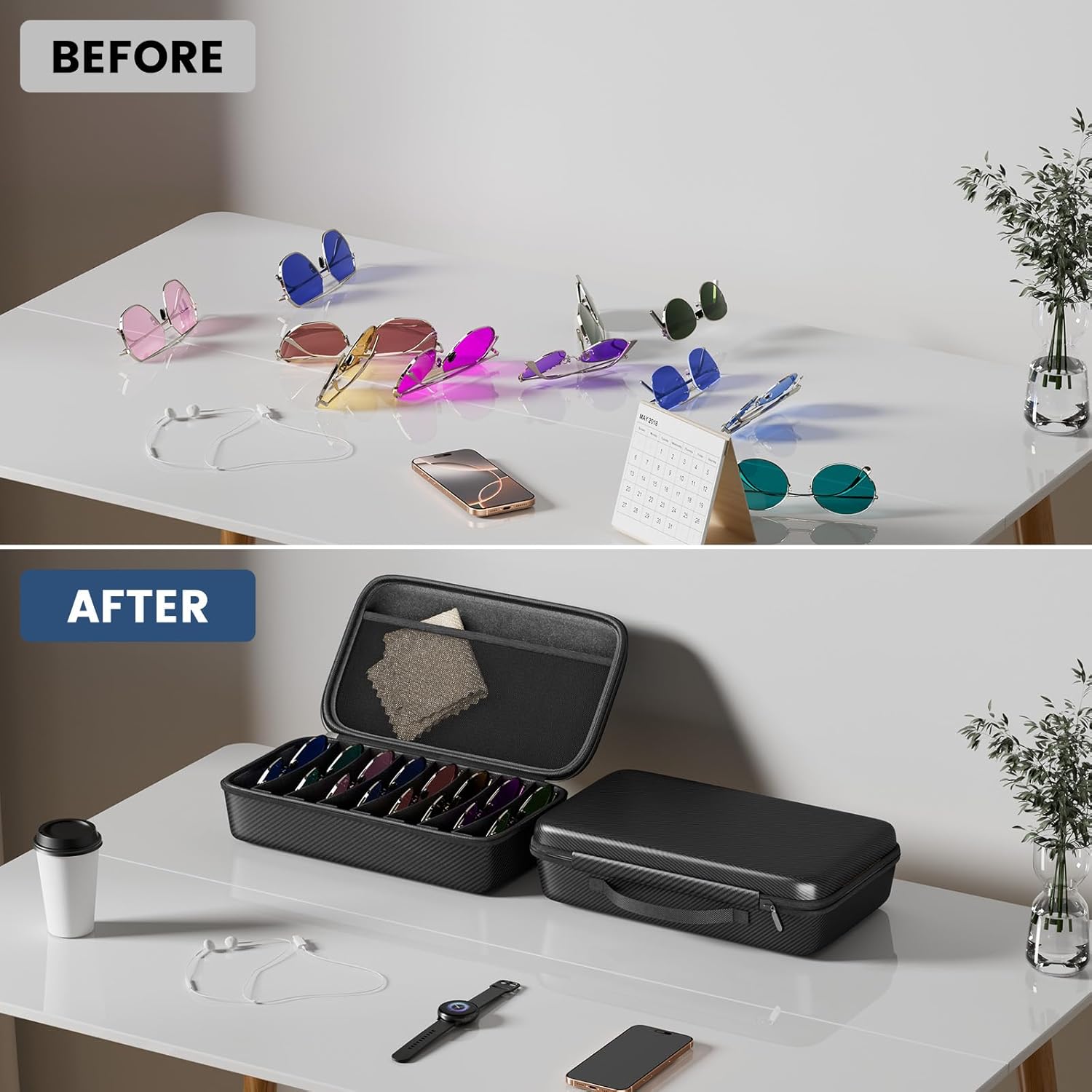 Travel Sunglasses Organizer, Hard Shell Sunglass Case Adjustable Slots for Multiple Sunglass Eyeglass Case - Image 6