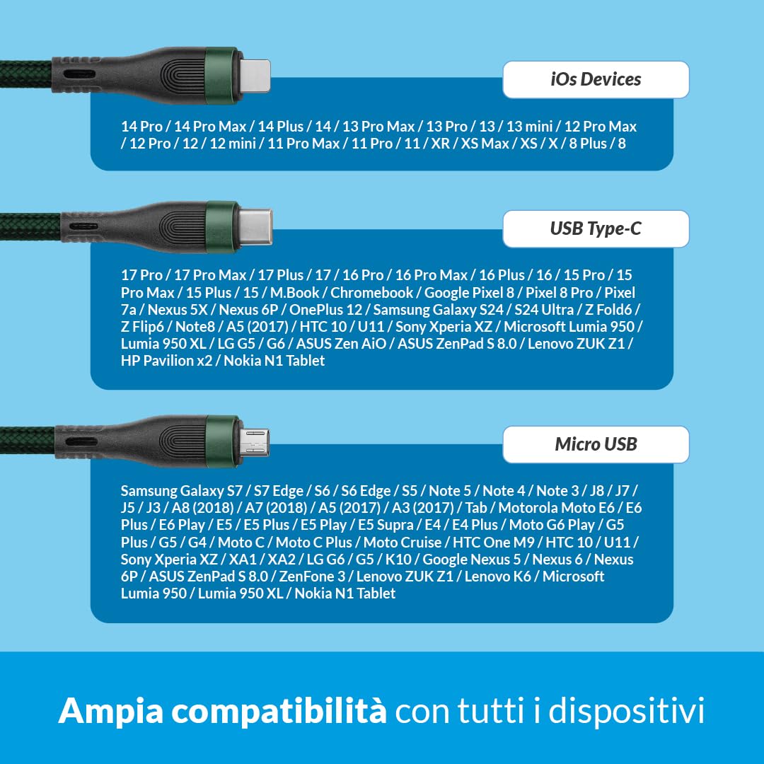 Cavo di Ricarica 3 in 1 in Nylon 100W, Cavo USB-C con Tre Connettori per Dispositivi Compatibili iOS e Android, Ricarica Rapida (Nero/Verde)
