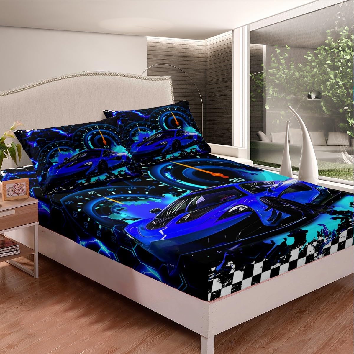 Feelyou Kids Blue Race Car Bedding Set Full Size, Speed Sports Car Bed Sheet Set Boys Girls for Racing Car Fitted Sheet Extreme Sports Bed Cover Bedroom Decor with 2 Pillow Case (No Flat Sheet)