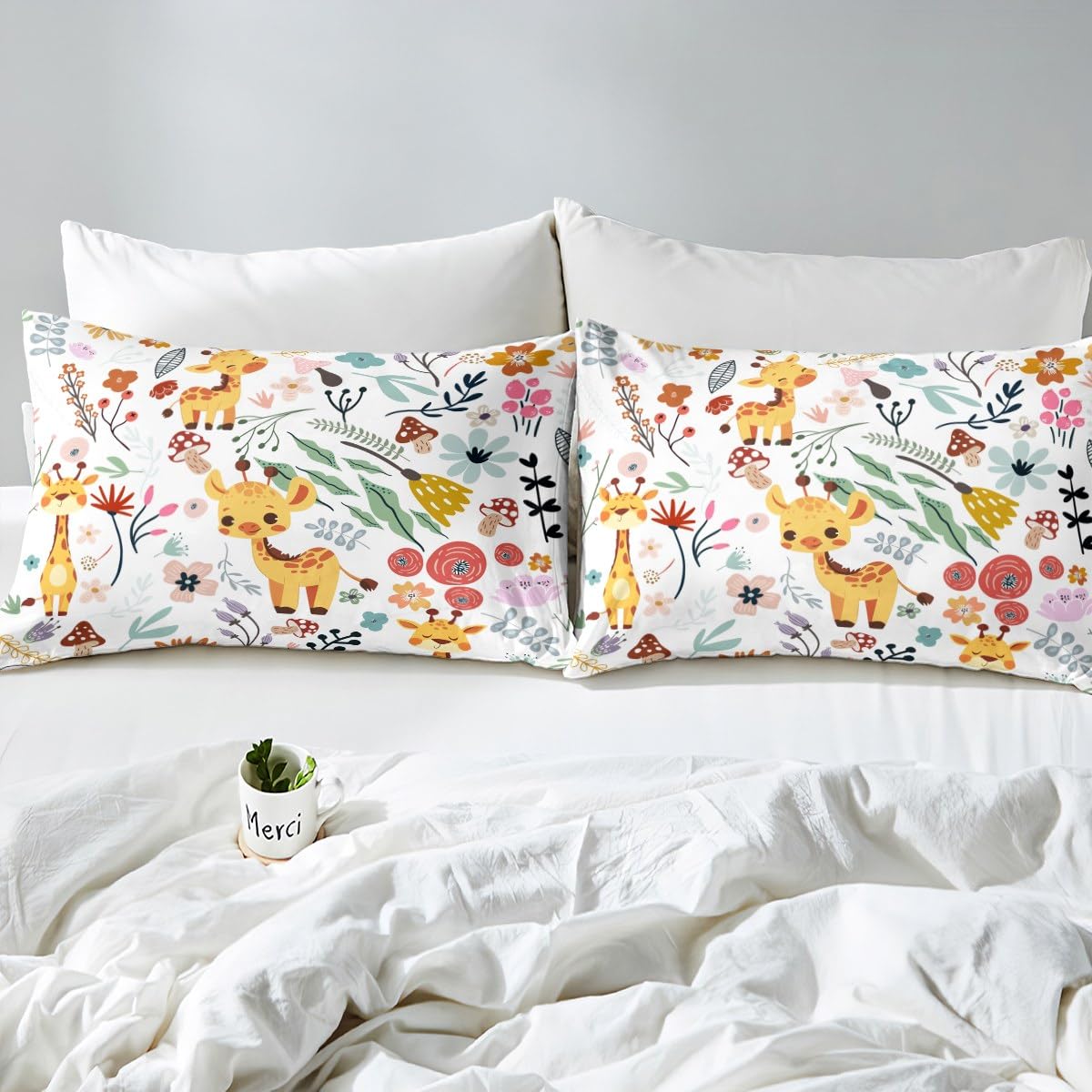 Homewish Lenzuolo con angoli 90 x 190 cm, motivo: giraffa Kawaii, lenzuolo con angoli con foglie di fiori funghi per ragazze ragazzi, lenzuolo con angoli per animali della giungla, decorazione della