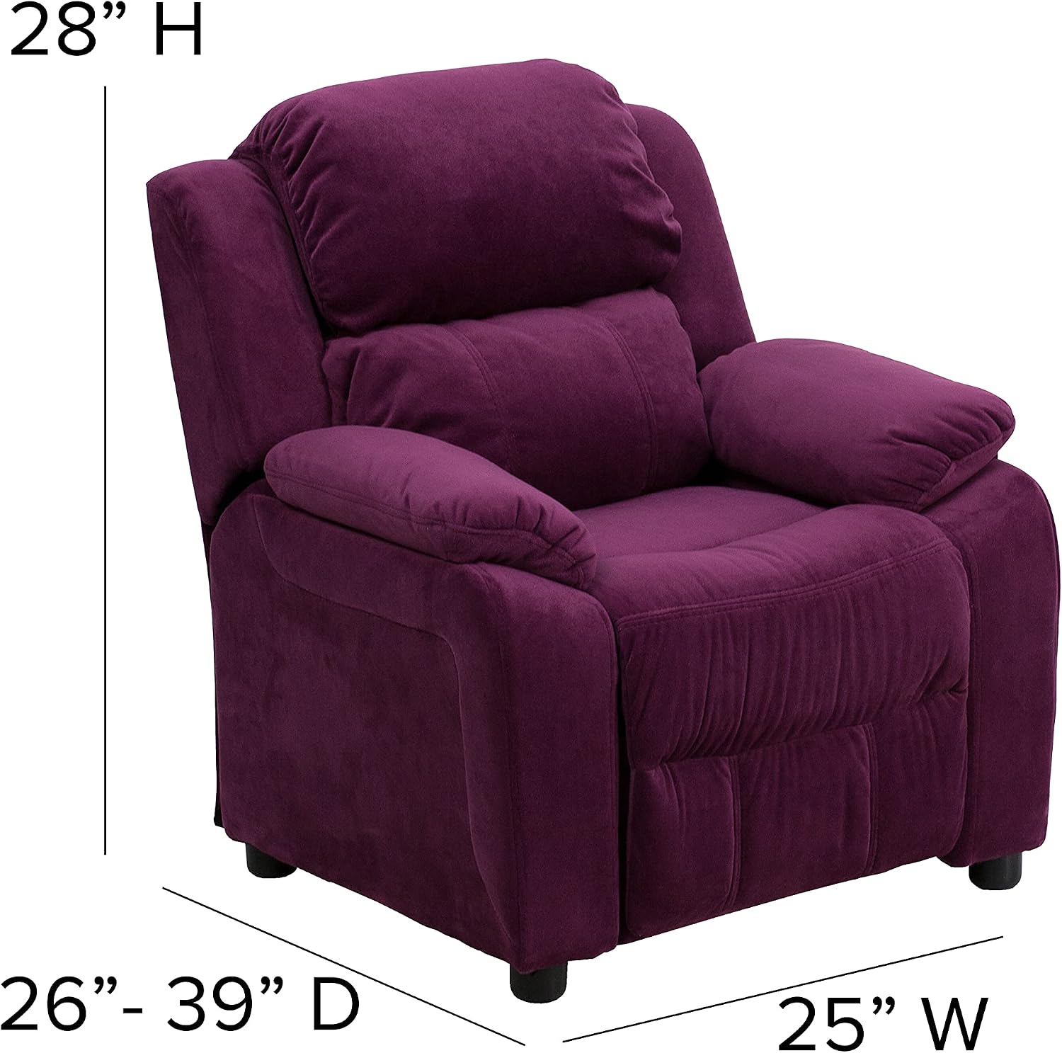EMMA + OLIVER Deluxe Padded Purple Microfiber Kids Recliner with Storage Arms