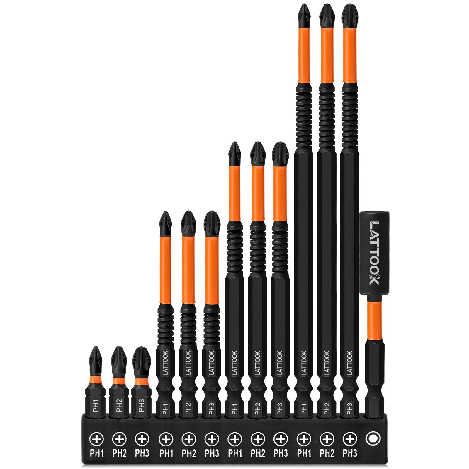 Set di 13 punte per cacciavite a croce a percussione, con attacco esagonale S2 in acciaio S2, Ph1, Ph2, Ph3, magnetiche, antiscivolo, lunghe