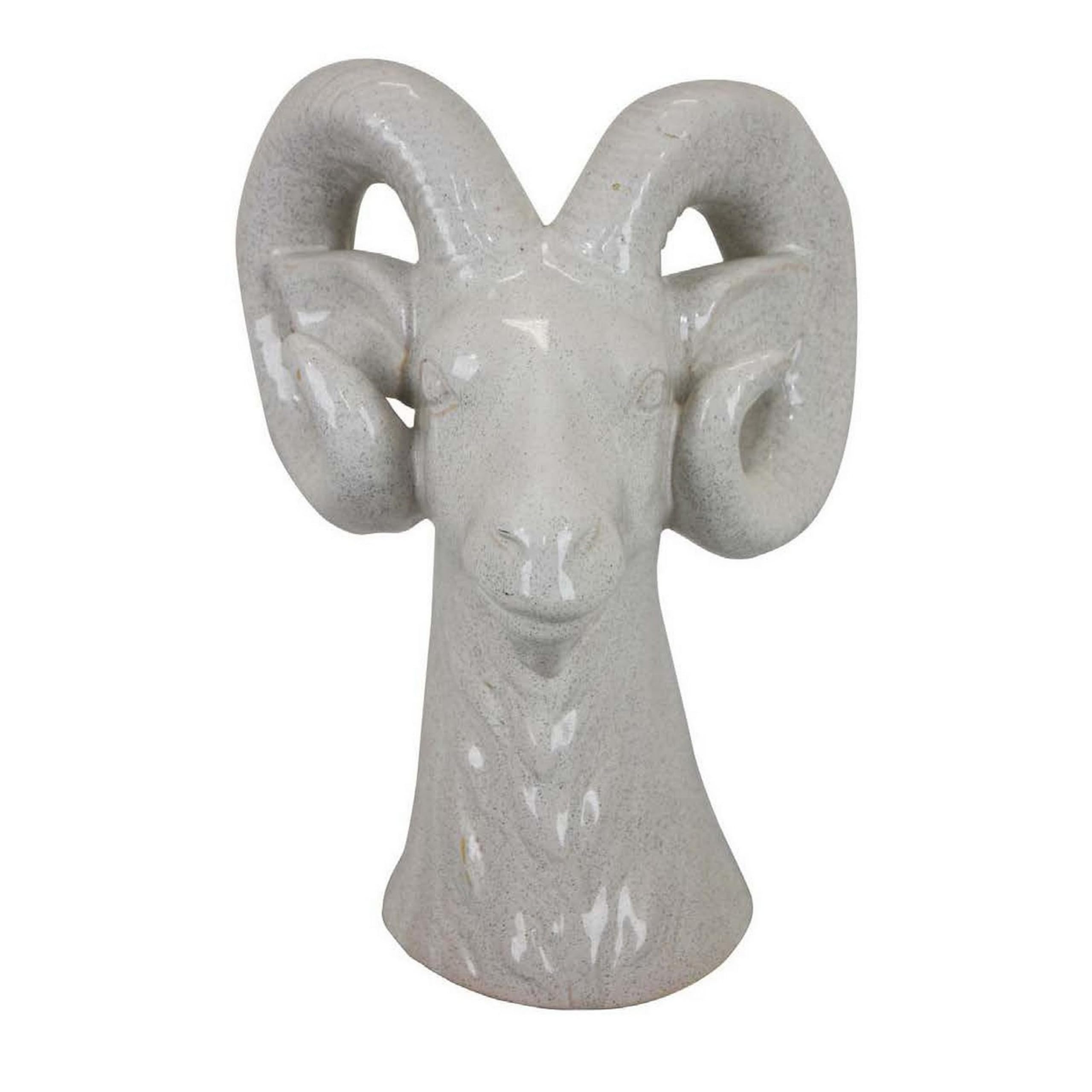 Benjara Accent Tabletop Decor, Strong Ram Head Design, White Ceramic 14 Inch