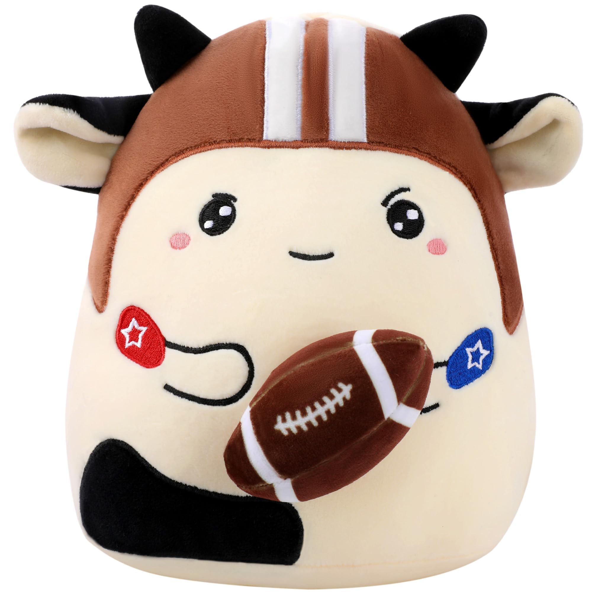 SEAOPOP Cowdy Blitz Football Stuffed Animal, 8 Inch Plush Cow Toy in Helmet Holding Rugby, Cute Sport Plushie Pillow, Gifts for Kids Boys Girls, Room