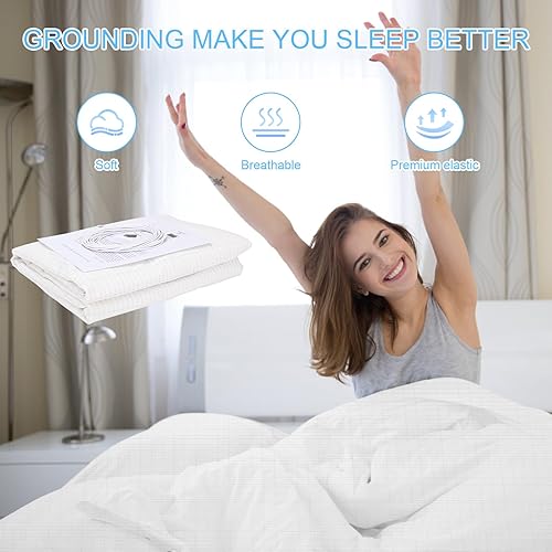 Miniatura 6 de Sábana bajera ajustable con cable de conexión a tierra, 5% fibra plateada y 95% fibra de algodón, sábana de puesta a tierra conductiva para un mejor