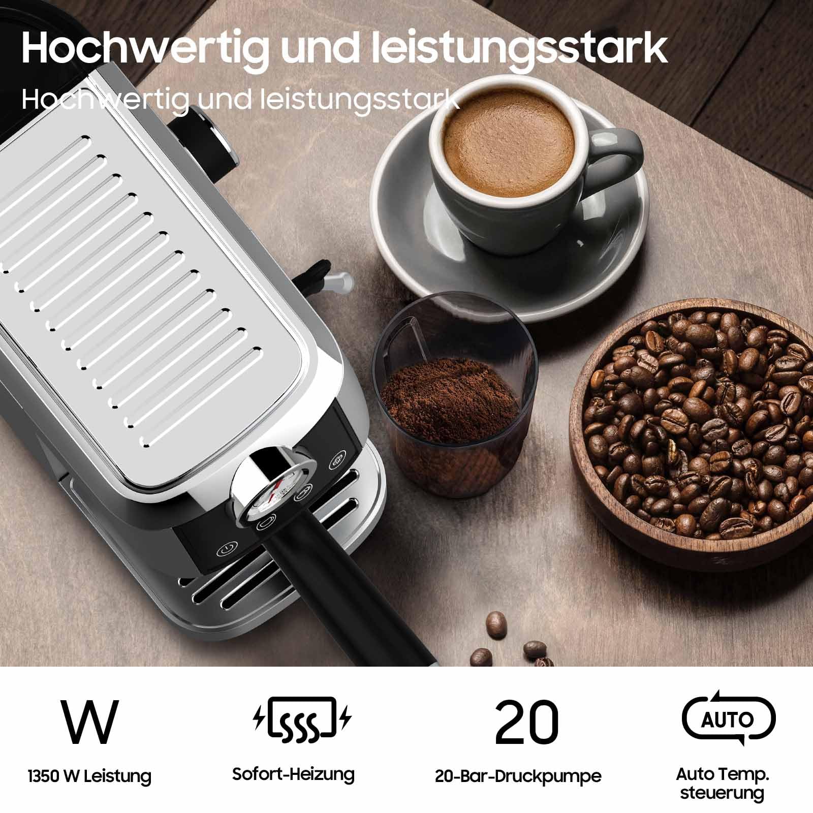 iceagle Espressomaschine CM1665B 20 Bar Italienischer Pumpe Siebträgermaschine Edelstahl Kaffeemaschine Espresso Cappuccino Latte Touchscreen Druckanzeige 1.3L Wassertank