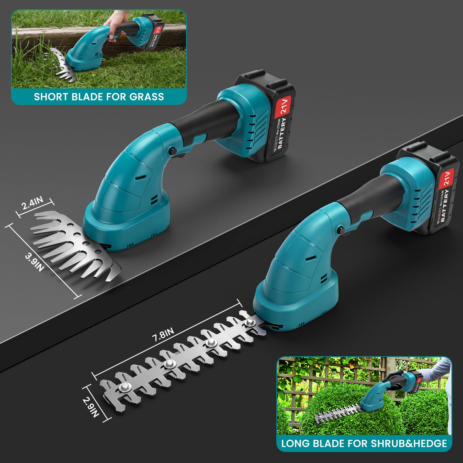 Cortasetos Batería con Pértiga Telescópico 3 en 1 con 2 * 3000 mAh Baterías, Cortasetos Bateria Recargable, Longitud de Sierra 200 mm/99mm Cuchillas