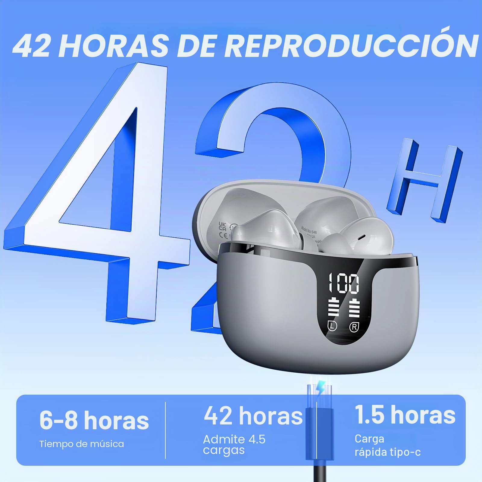 Auriculares Inalambricos Bluetooth Cascos Inalámbricos con HiFi Estéreo,4 Mic con Reducción de Ruido ENC,Bluetooth 5.3,48H Playtime,Impermeable IPX7,Pantalla Pantalla de energía LED Gris