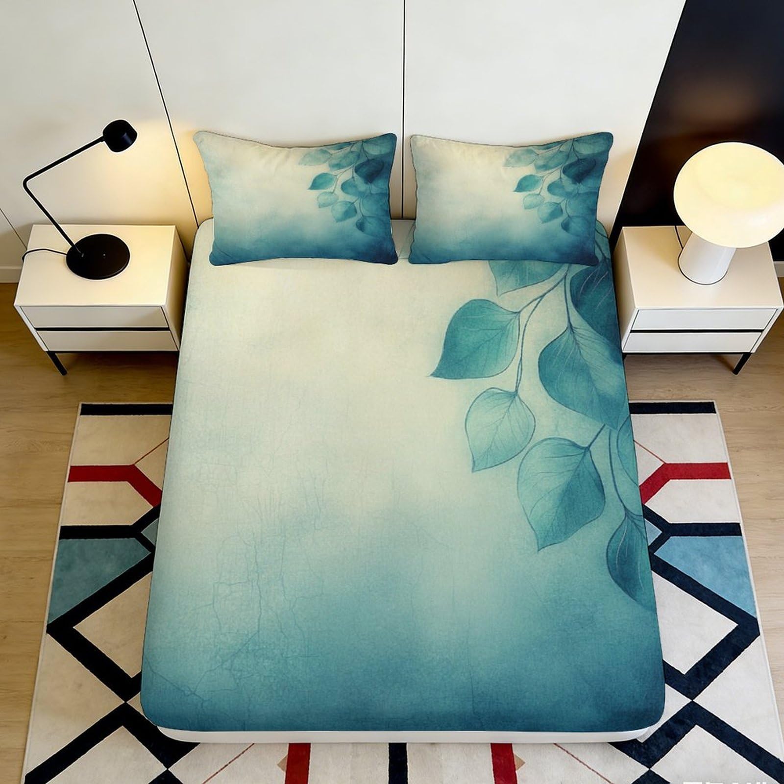 3D Printed Blue Leaf Fitted Sheet Microfiber Soft Mattress Cover Bedroom Decor Anti-Slip Dustproof for Home Guest Room 90x200x25cm