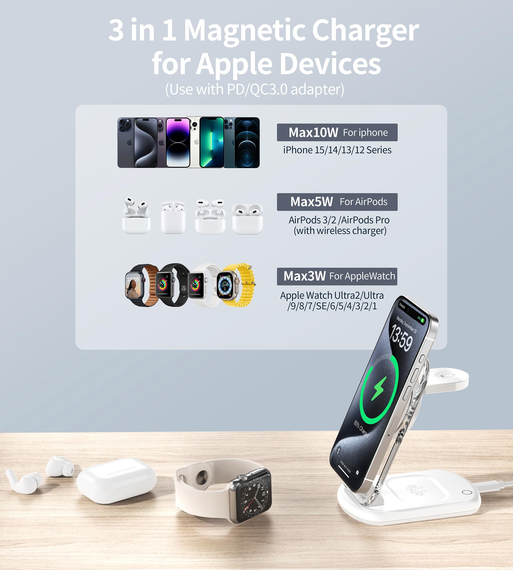 3 in 1 Wireless Charging Station for Mag-Safe, Foldable Adjustable Magnetic Wireless Charger, Travel Mag-Safe Charger Stand with Light for iPhone 15/14/13/12 Series, AirPods 3/2/Pro, Apple Watch