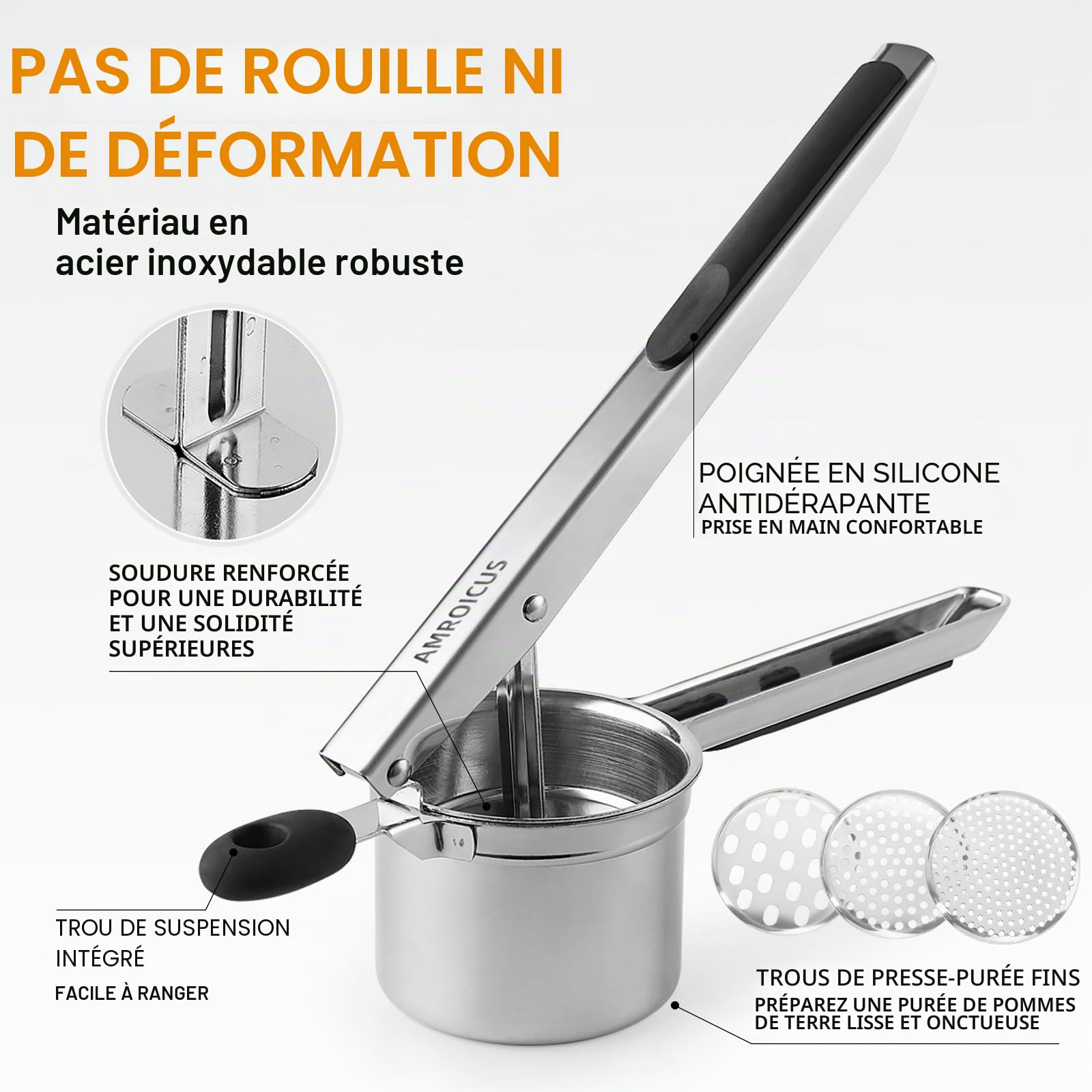 Presse-purée inox 18/10 450 ml, Presse pommes de terre robuste 3 disques interchangeables, Ustensile cuisine purée lisse spaetzle gnocchis légumes