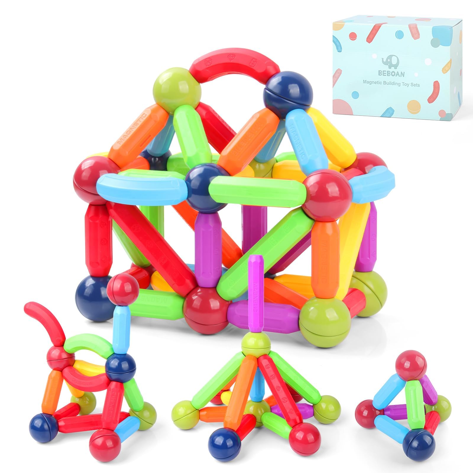 BEBOAN Magnetic Sticks and Balls, 68 pcs Magnetic Building Sticks Blocks for Kids, Magnet Building Blocks for Kids, Educational Toys Preschool Gift for Girls Boys, Stem Toys for 3+ Years Old