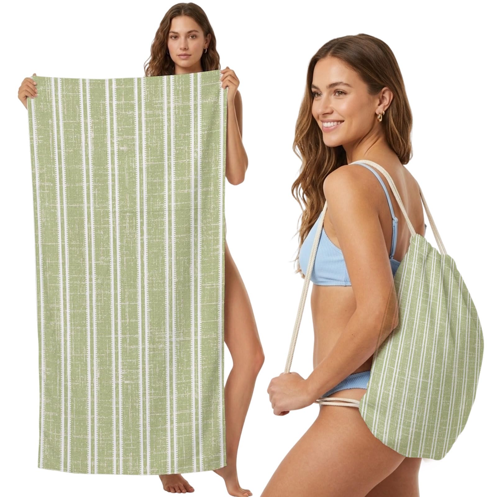 Beach Towel Bag 2 in 1 Sage Green Linen Striped Bath Pool Towels Backpack Vertical Stripes Lines Absorbent Beach Towel Soft Quick Dry Lightweight Packable Towels Drawstring Bag for Travel Sports Yoga