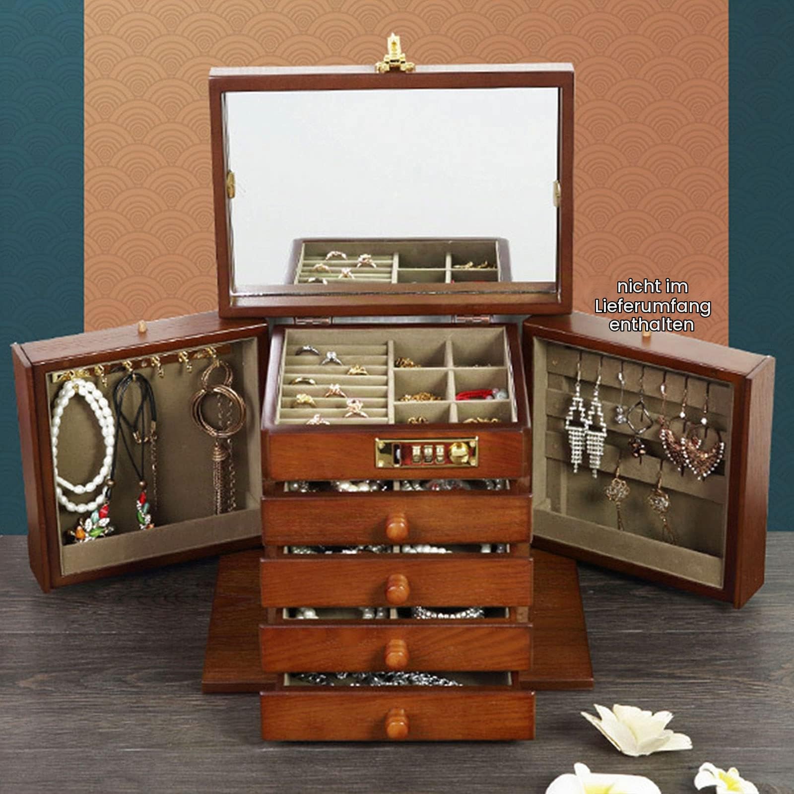 Schmuckkasten aus Holz, Vintage Schnitzerei Schmuckschatullen mit Spiegel und Passwortsperre, 5 Ebenen 4 Schubladen Schmuckkoffer für Armbänder Halskette Ringe