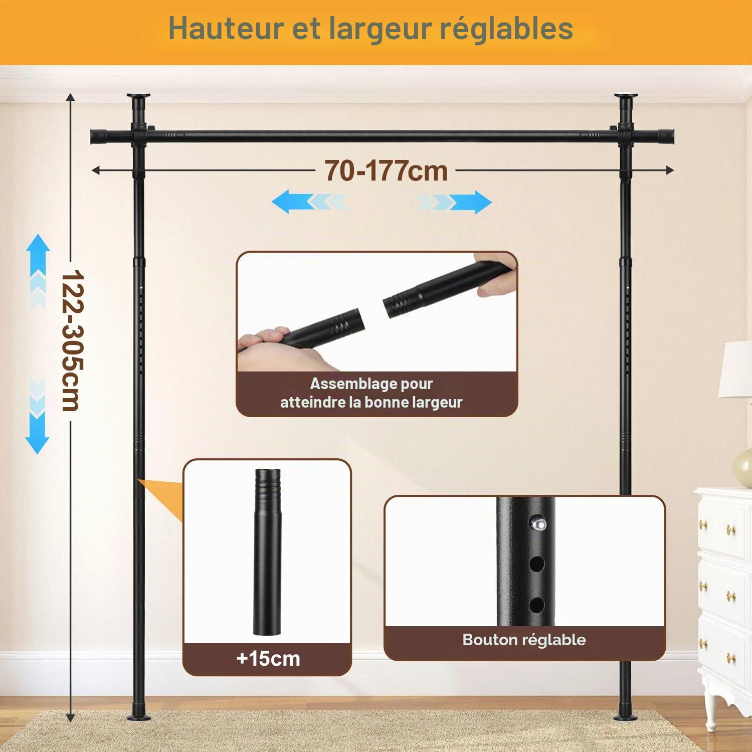 Paravent de séparation de pièce Jaxguom, tringle à rideaux, réglable de manière flexible sans perçage, L 70-177cm x H 122-305cm, paravent autoportant sans rideau, protection des regards pour salon